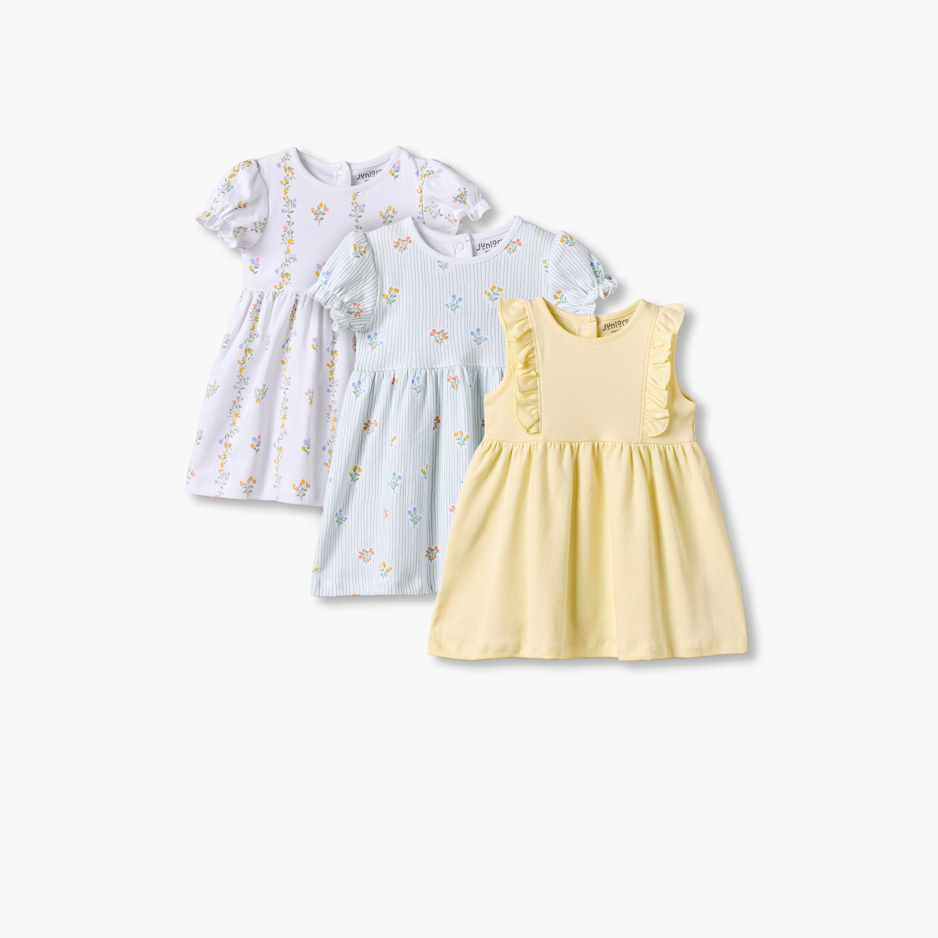 فساتين طول الركبة بطبعات أزهار وياقة مستديرة من جونيورز - عبوة 3 قطع-baby-girls-clothing-dressesandjumpsuits-image-1