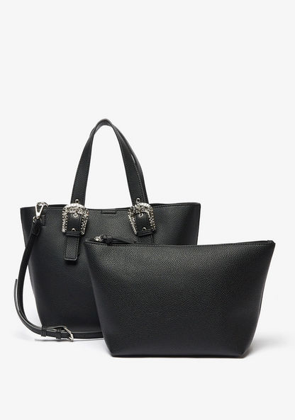 Haadana Solid Tote Bag with Embellished Buckle Accent and Pouch-Women%27s Handbags-image-1