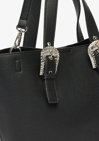 Haadana Solid Tote Bag with Embellished Buckle Accent and Pouch-Women%27s Handbags-image-4