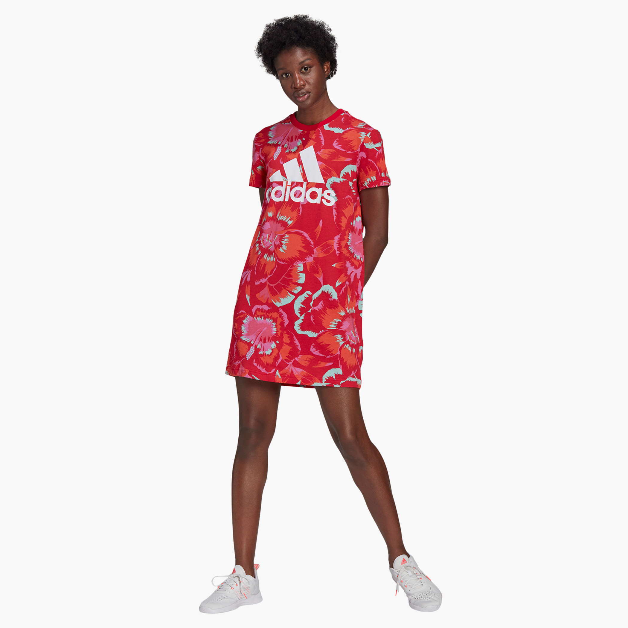 Buy Adidas Floral Print Crew Neck Mini T Shirt Dress with Short Sleeves Splash KSA