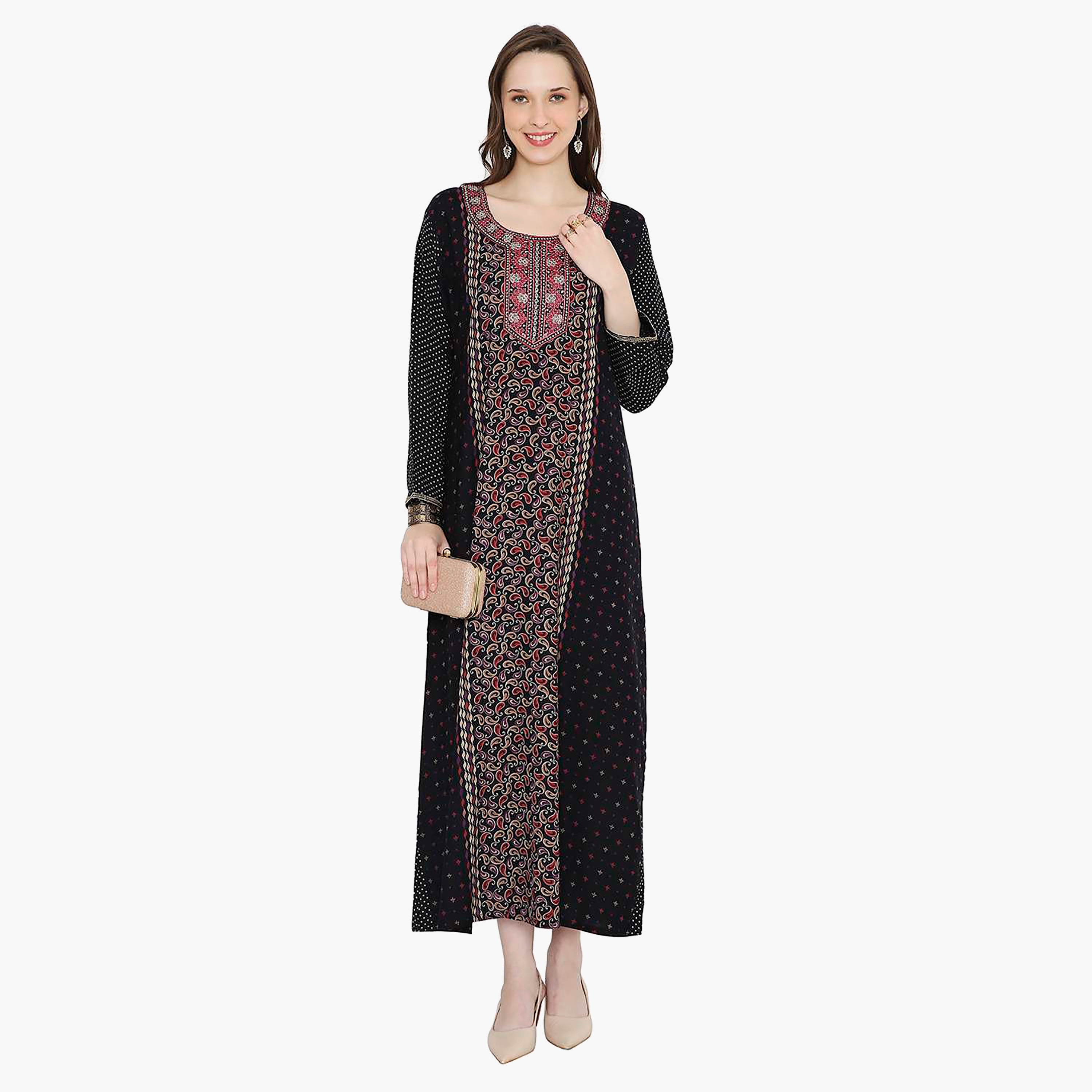 جلابية نسائية بطبعة بيزلي مطرزة بعقدة على الرقبة من هانا آند سارة-women-arabicclothing-jalabiyas-image-1