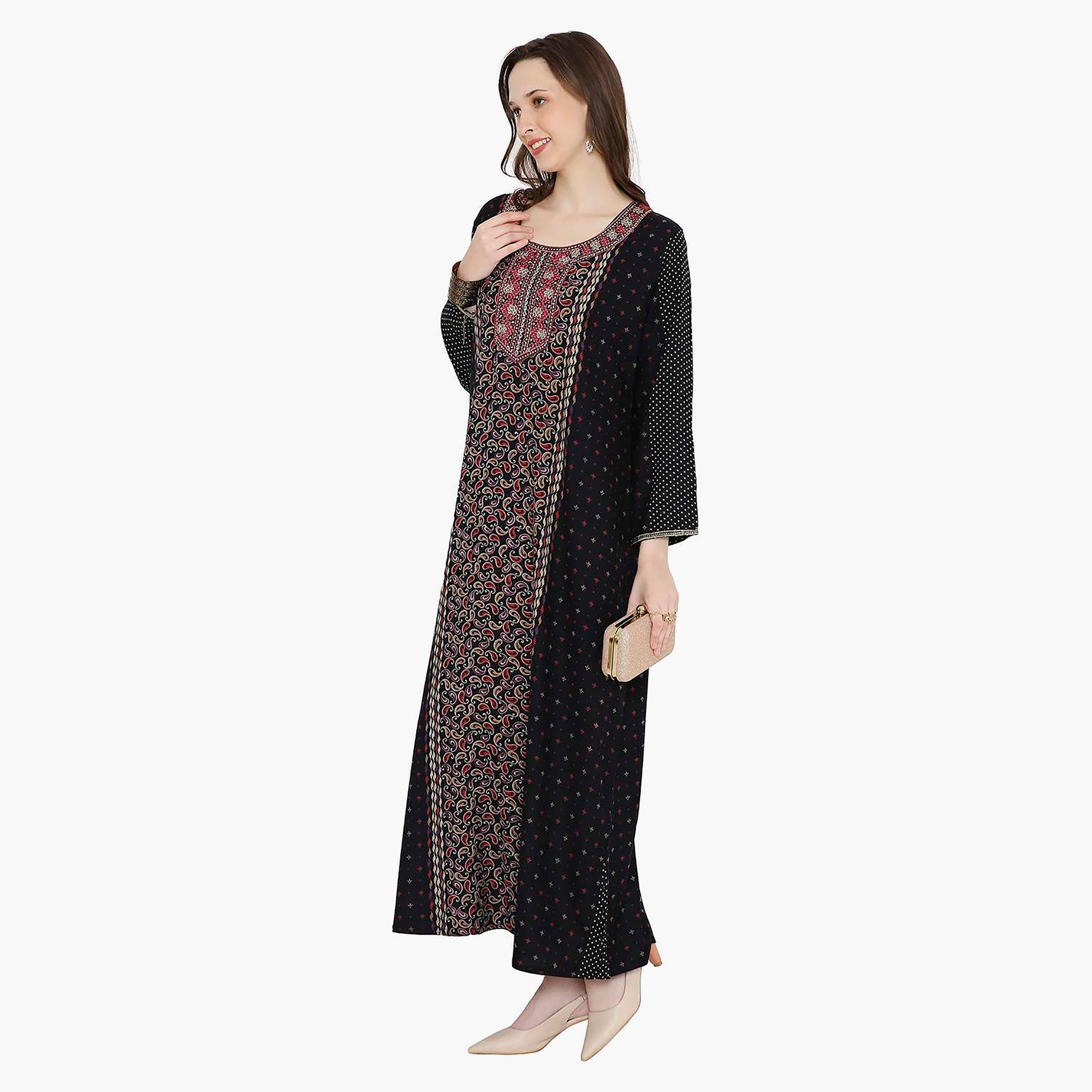 جلابية نسائية بطبعة بيزلي مطرزة بعقدة على الرقبة من هانا آند سارة-women-arabicclothing-jalabiyas-image-4