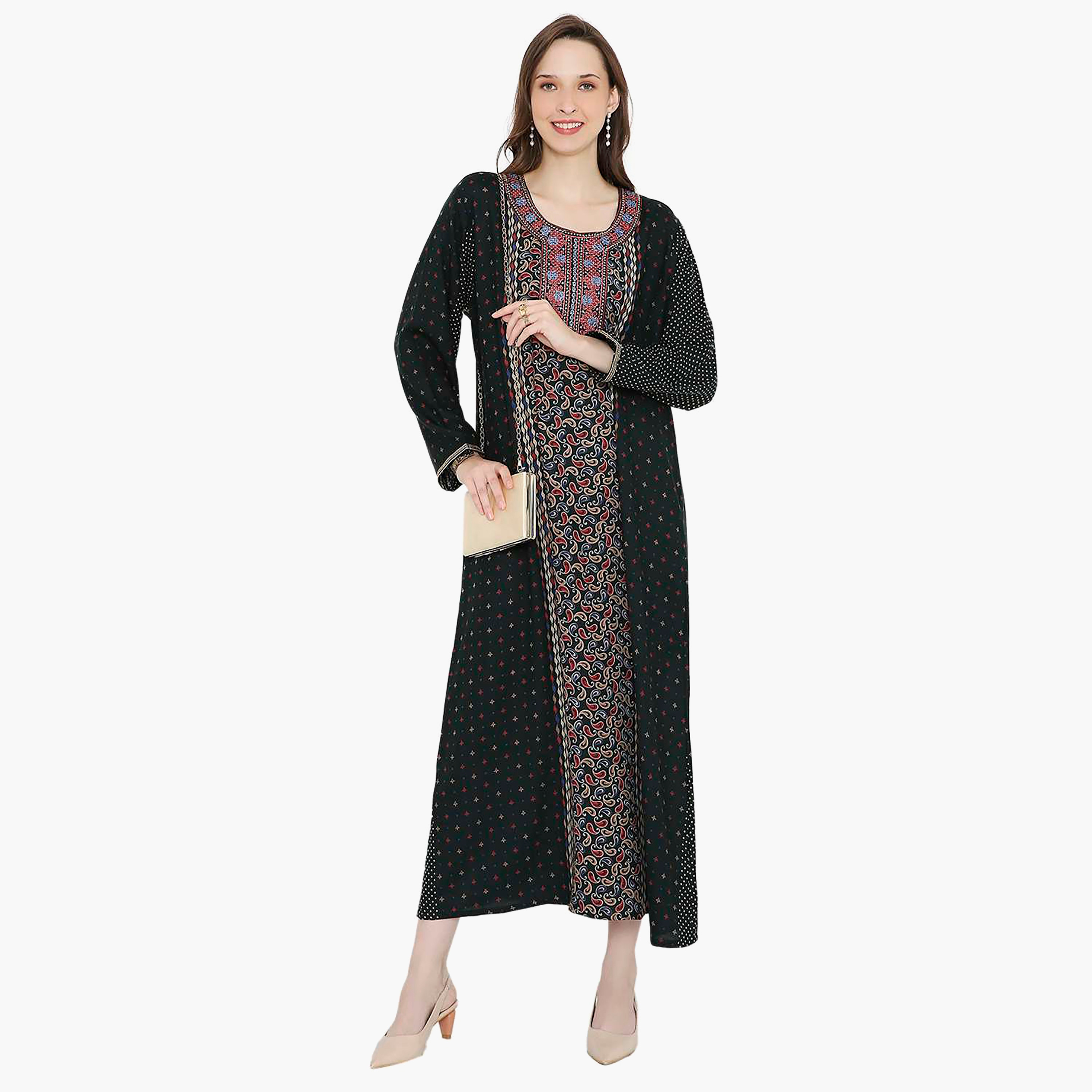 جلابية نسائية بطبعة بيزلي مطرزة بعقدة على الرقبة من هانا آند سارة-women-arabicclothing-jalabiyas-image-1