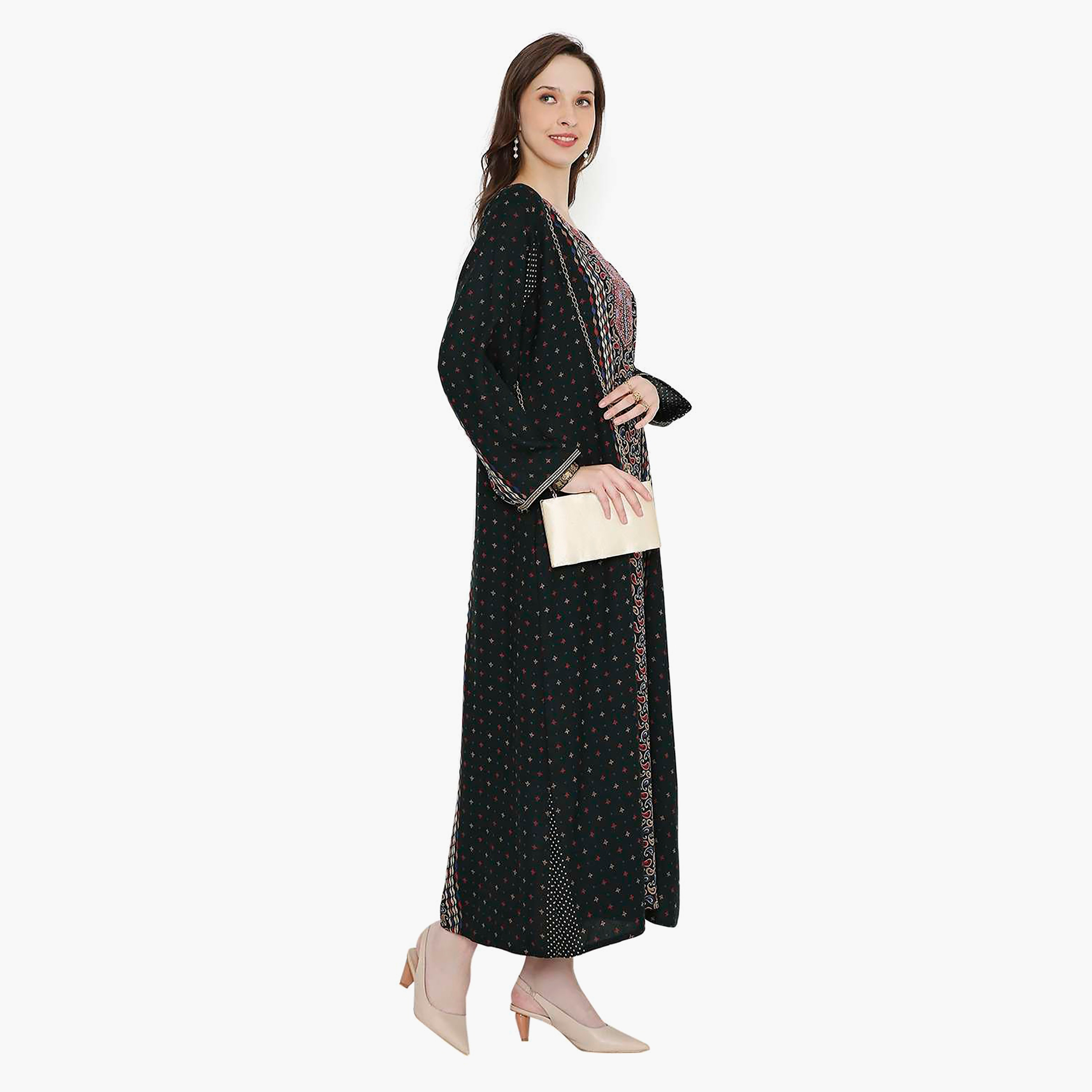Hana & Sara Paisley Print Embroidered Knot Neck Detail Women's Jalabiya-women-arabicclothing-jalabiyas-image-4