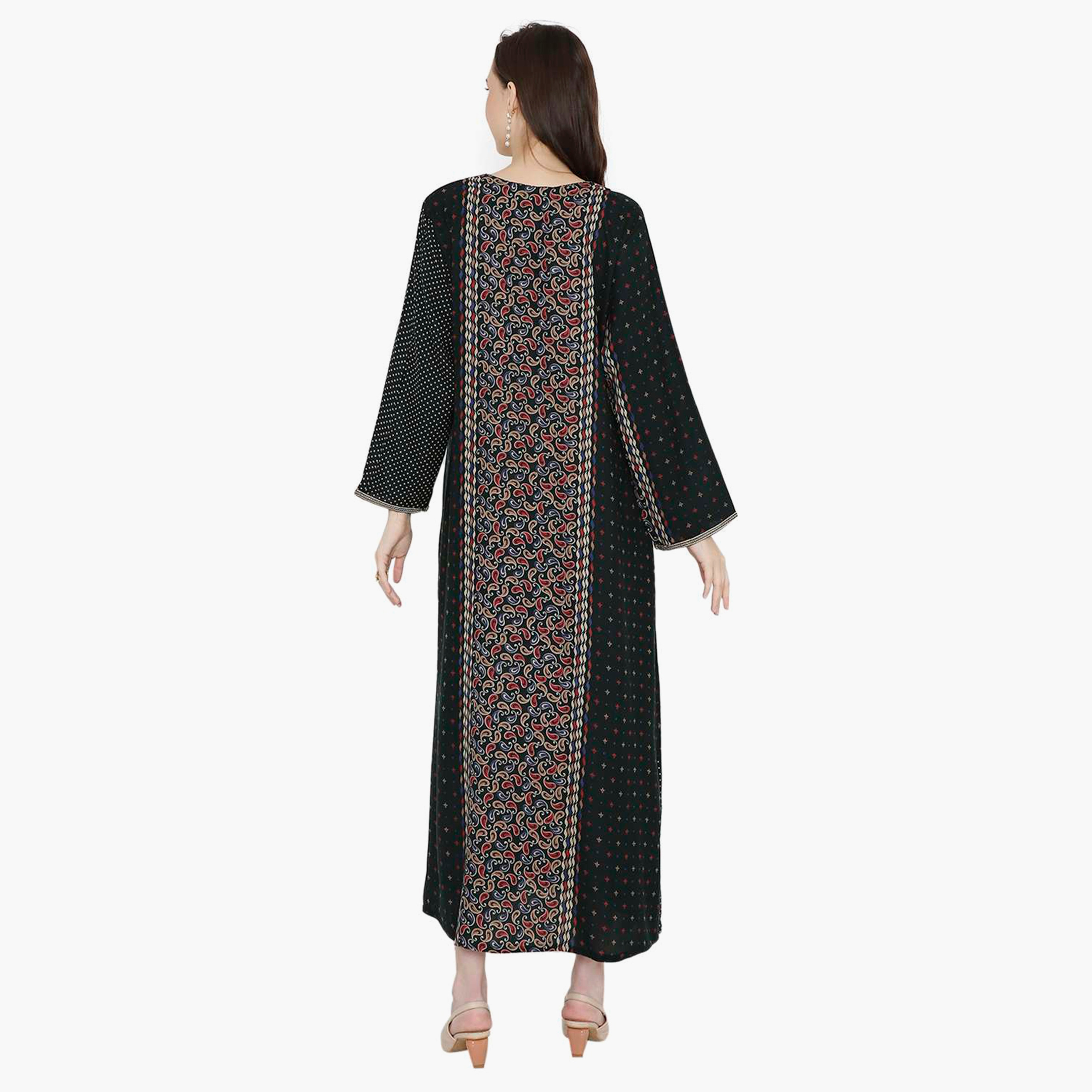 جلابية نسائية بطبعة بيزلي مطرزة بعقدة على الرقبة من هانا آند سارة-women-arabicclothing-jalabiyas-image-5