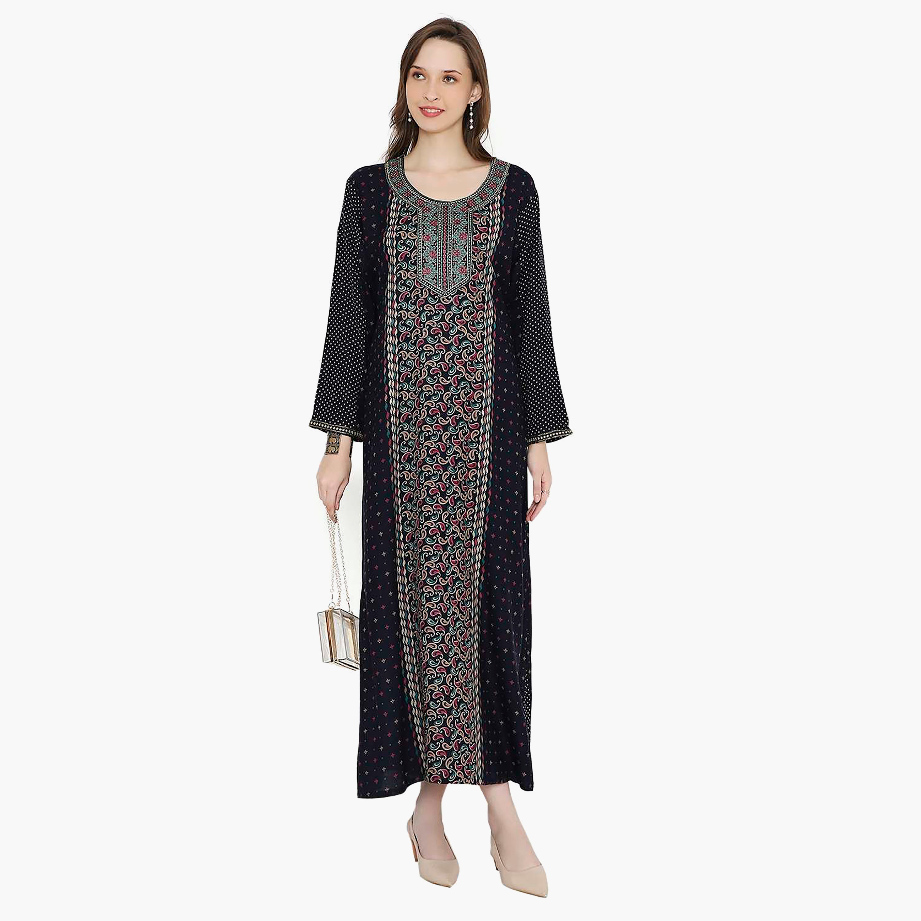 جلابية نسائية بطبعة بيزلي مطرزة بعقدة على الرقبة من هانا آند سارة-women-arabicclothing-jalabiyas-image-1