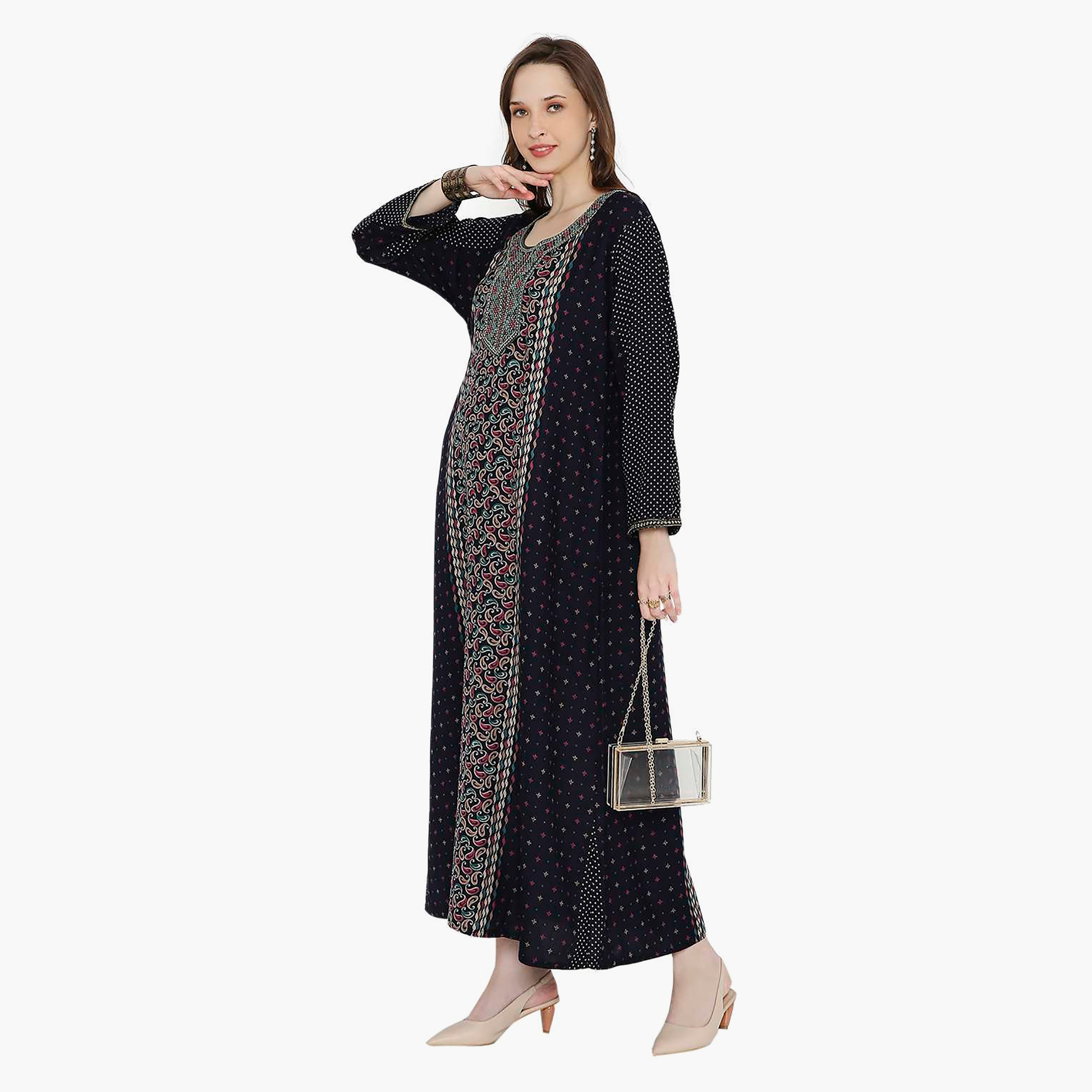 جلابية نسائية بطبعة بيزلي مطرزة بعقدة على الرقبة من هانا آند سارة-women-arabicclothing-jalabiyas-image-3