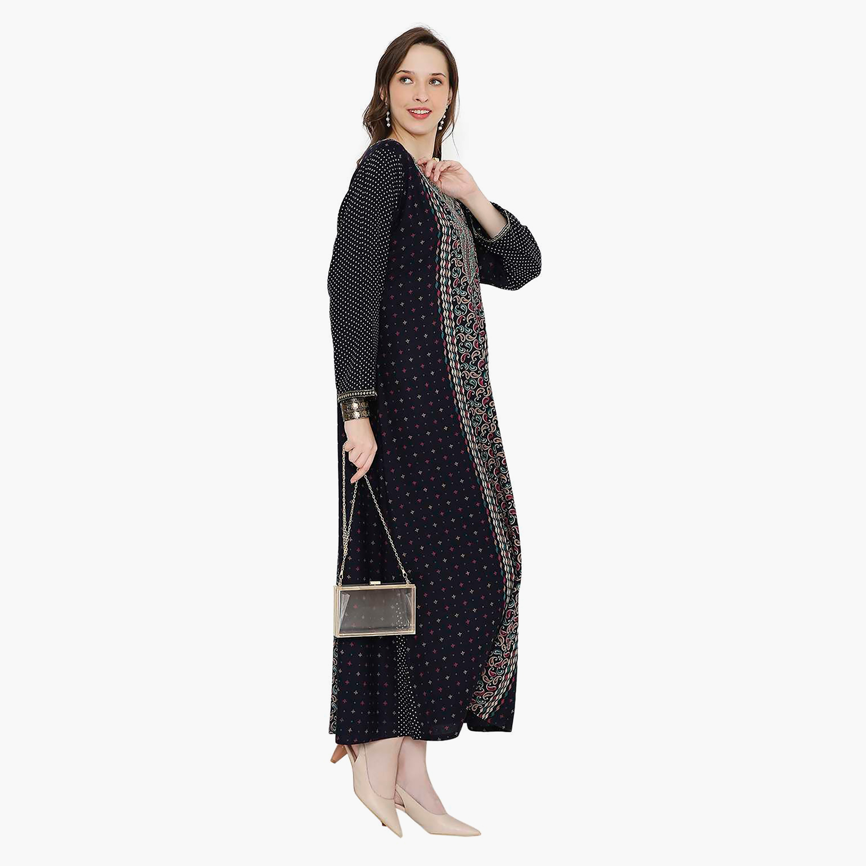 جلابية نسائية بطبعة بيزلي مطرزة بعقدة على الرقبة من هانا آند سارة-women-arabicclothing-jalabiyas-image-4