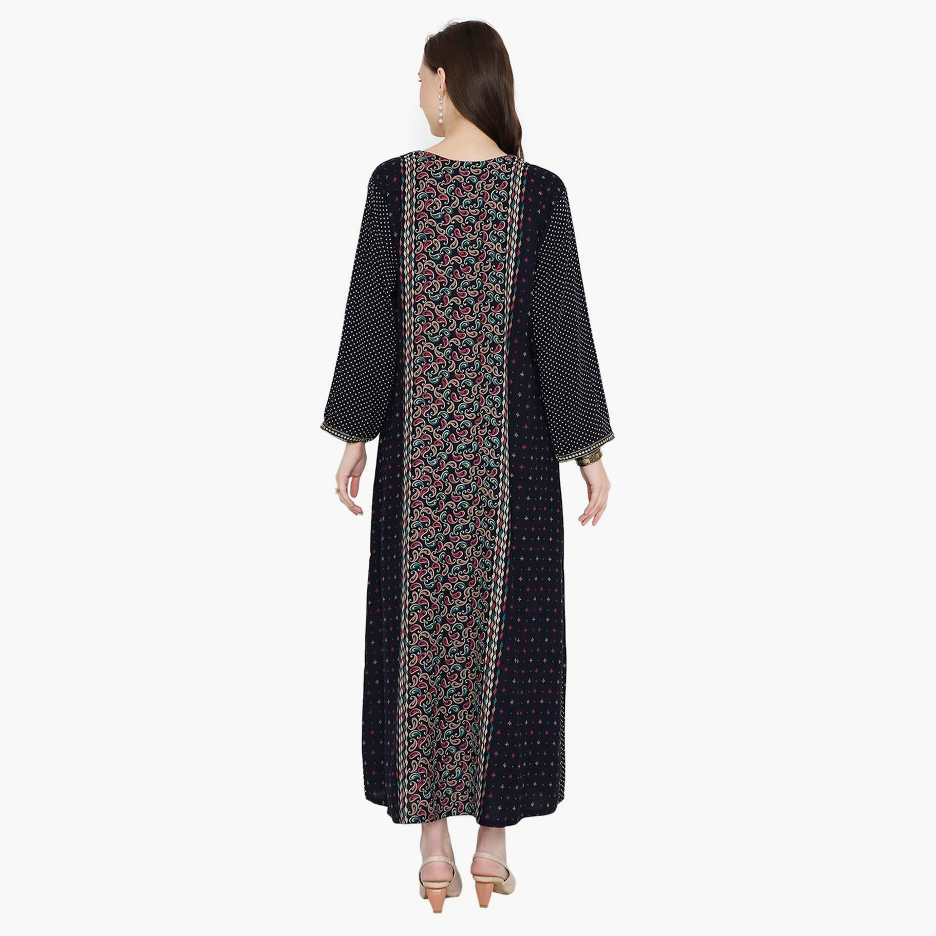 جلابية نسائية بطبعة بيزلي مطرزة بعقدة على الرقبة من هانا آند سارة-women-arabicclothing-jalabiyas-image-5