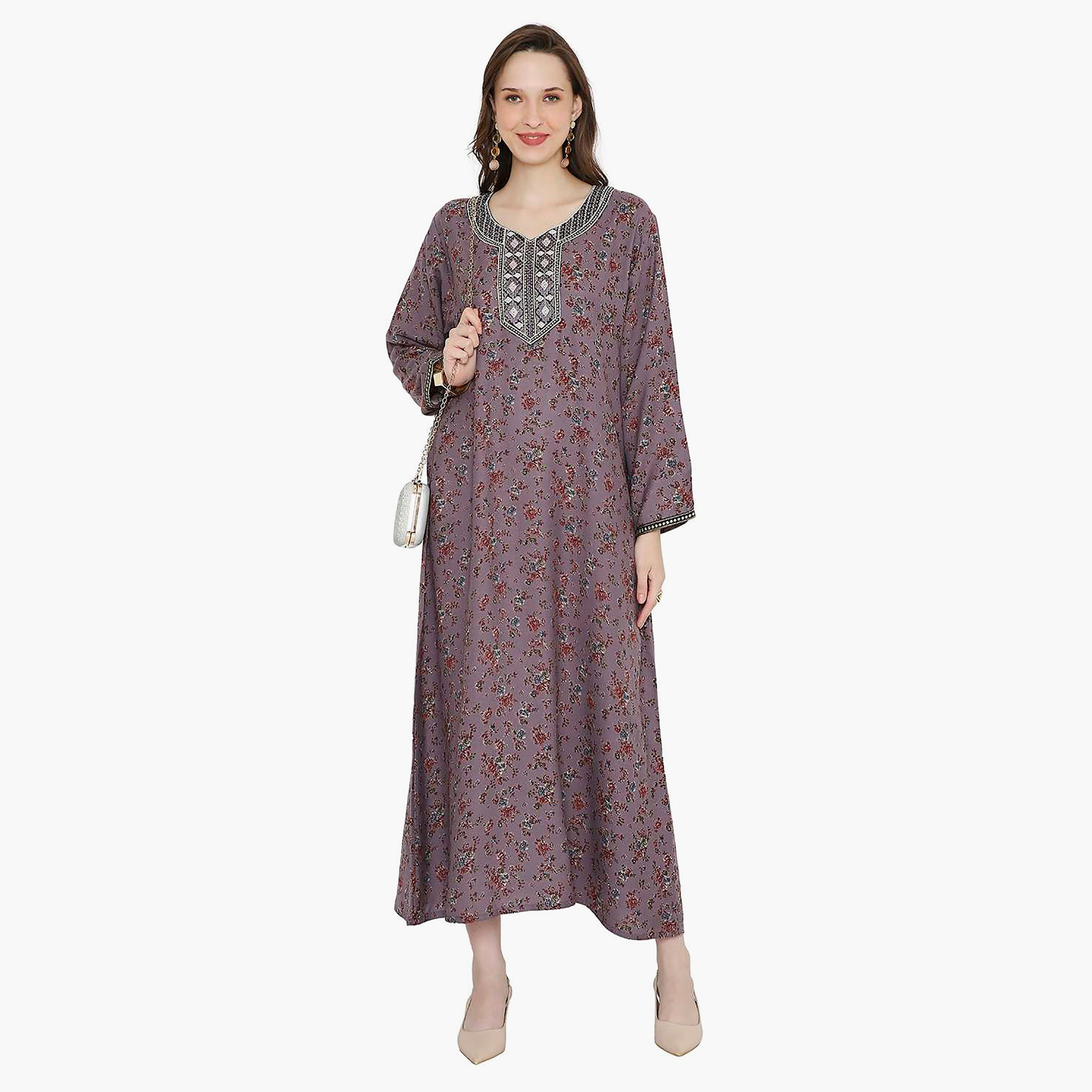 جلابية نسائية مطرزة بالزهور وعقدة عنق من هانا آند سارة-women-arabicclothing-jalabiyas-image-1