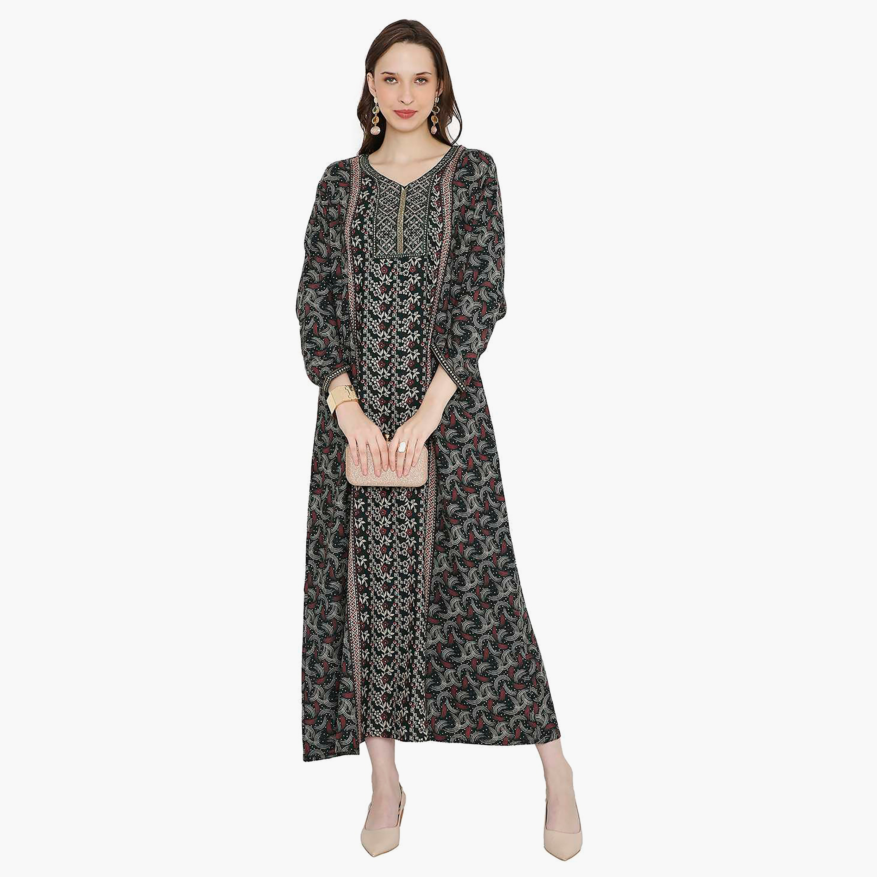 Hana & Sara Printed Embroidered Knot Neck Detail Women's Jalabiya-women-arabicclothing-jalabiyas-image-3