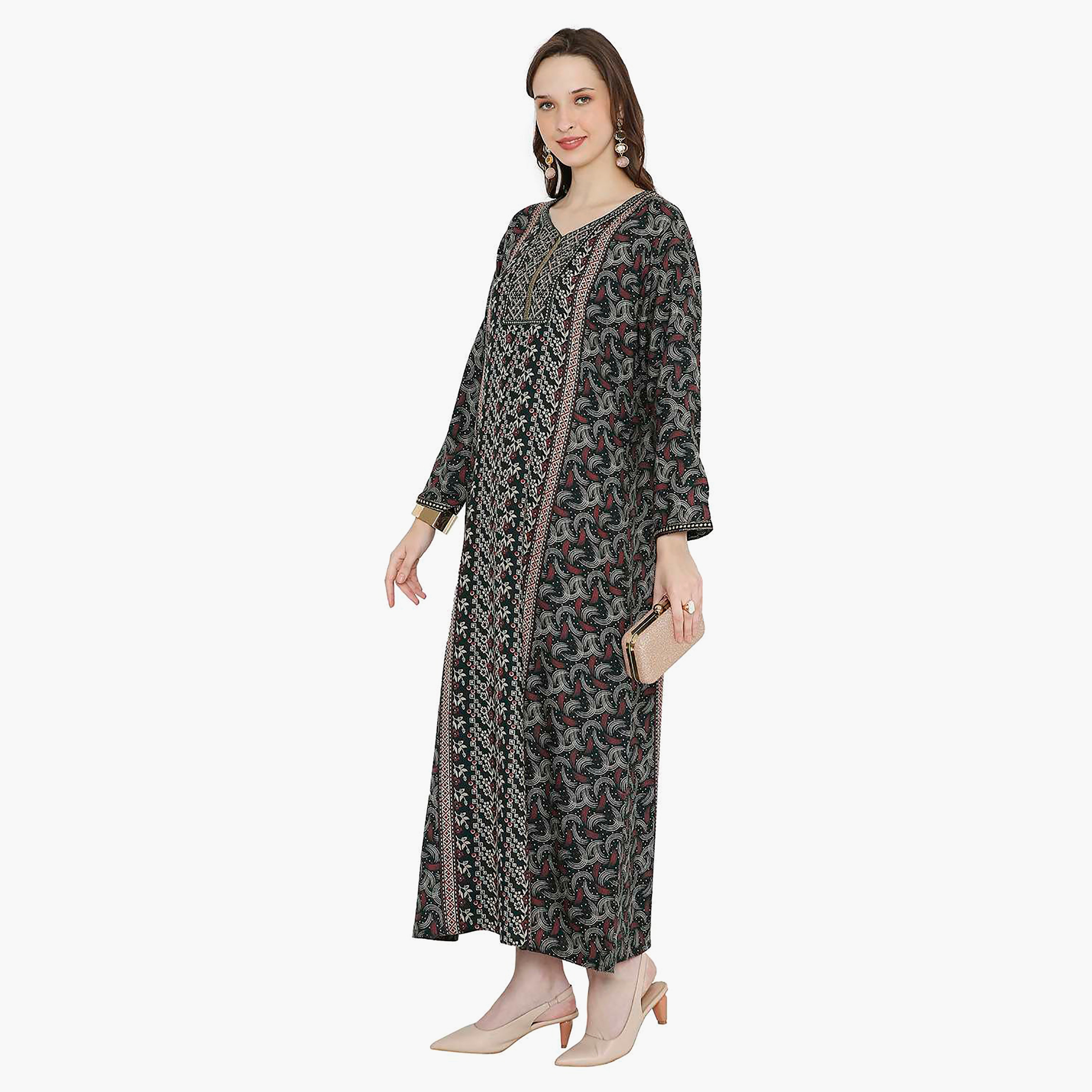 Hana & Sara Printed Embroidered Knot Neck Detail Women's Jalabiya-women-arabicclothing-jalabiyas-image-4