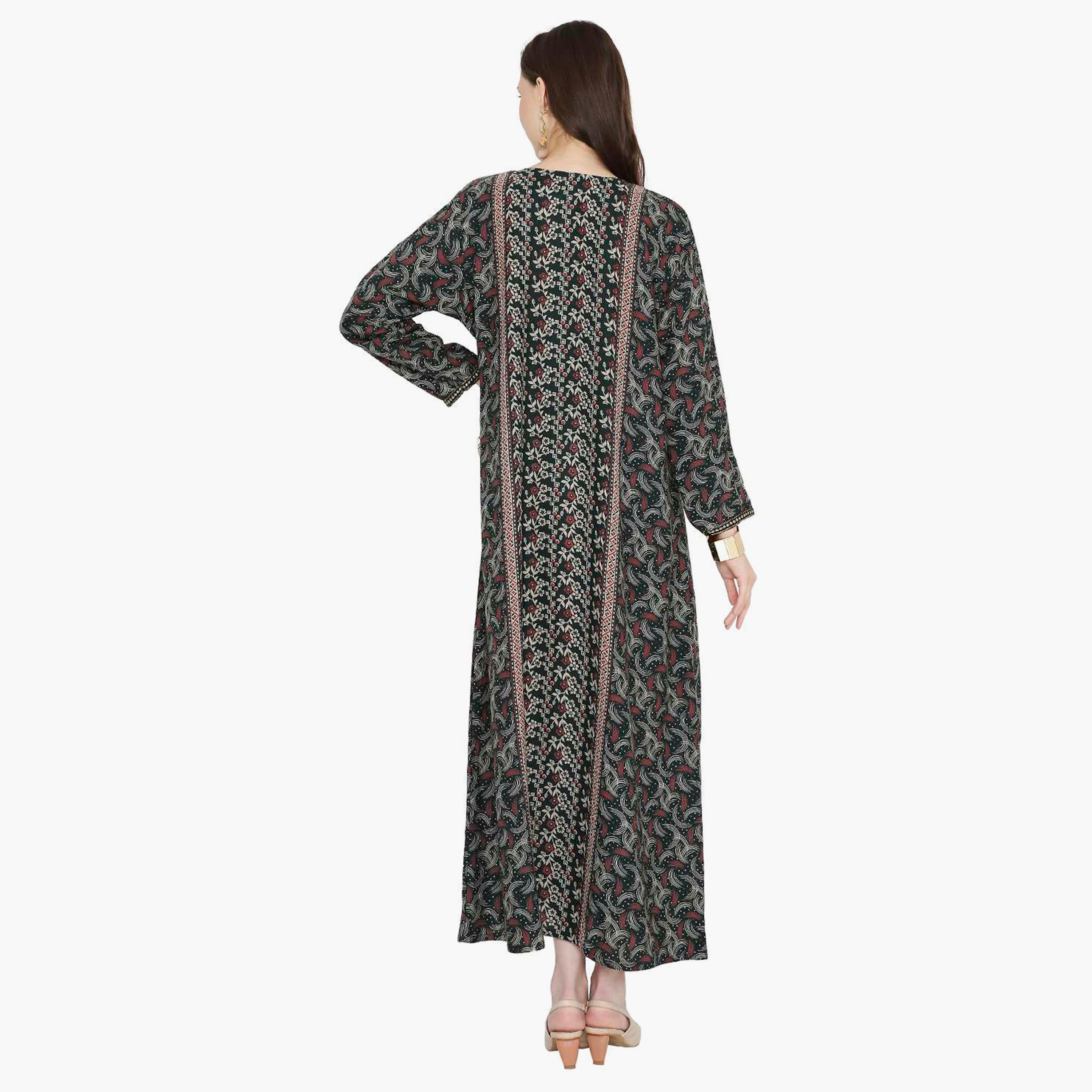 Hana & Sara Printed Embroidered Knot Neck Detail Women's Jalabiya-women-arabicclothing-jalabiyas-image-5