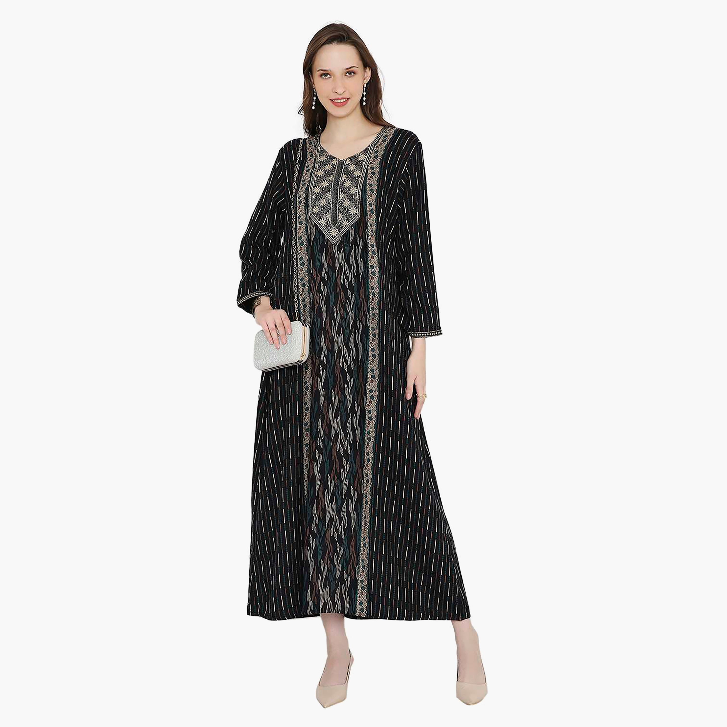 Hana & Sara Striped Embroidered Knot Neck Detail Women's Jalabiya-women-arabicclothing-jalabiyas-image-1