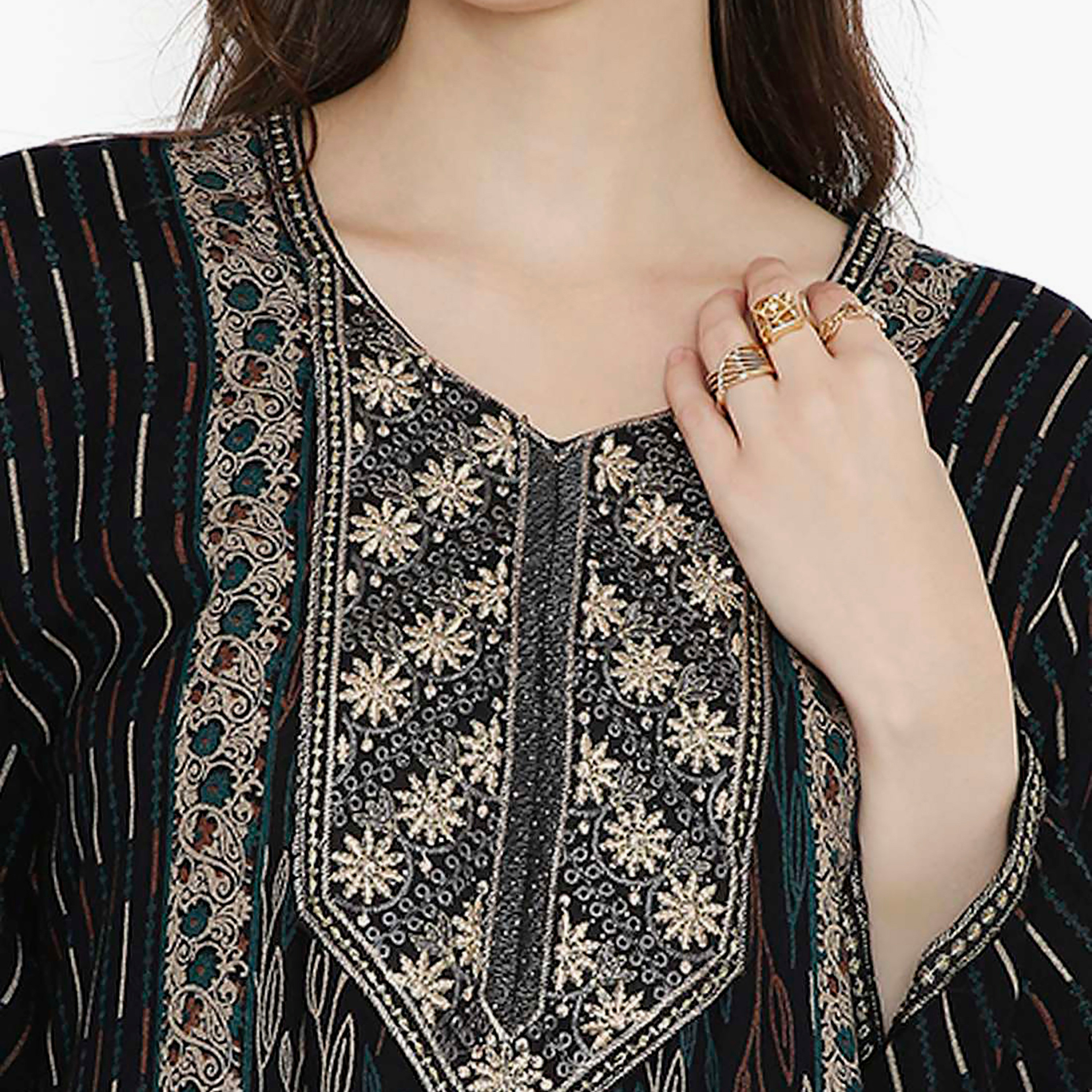 Hana & Sara Striped Embroidered Knot Neck Detail Women's Jalabiya-women-arabicclothing-jalabiyas-image-2