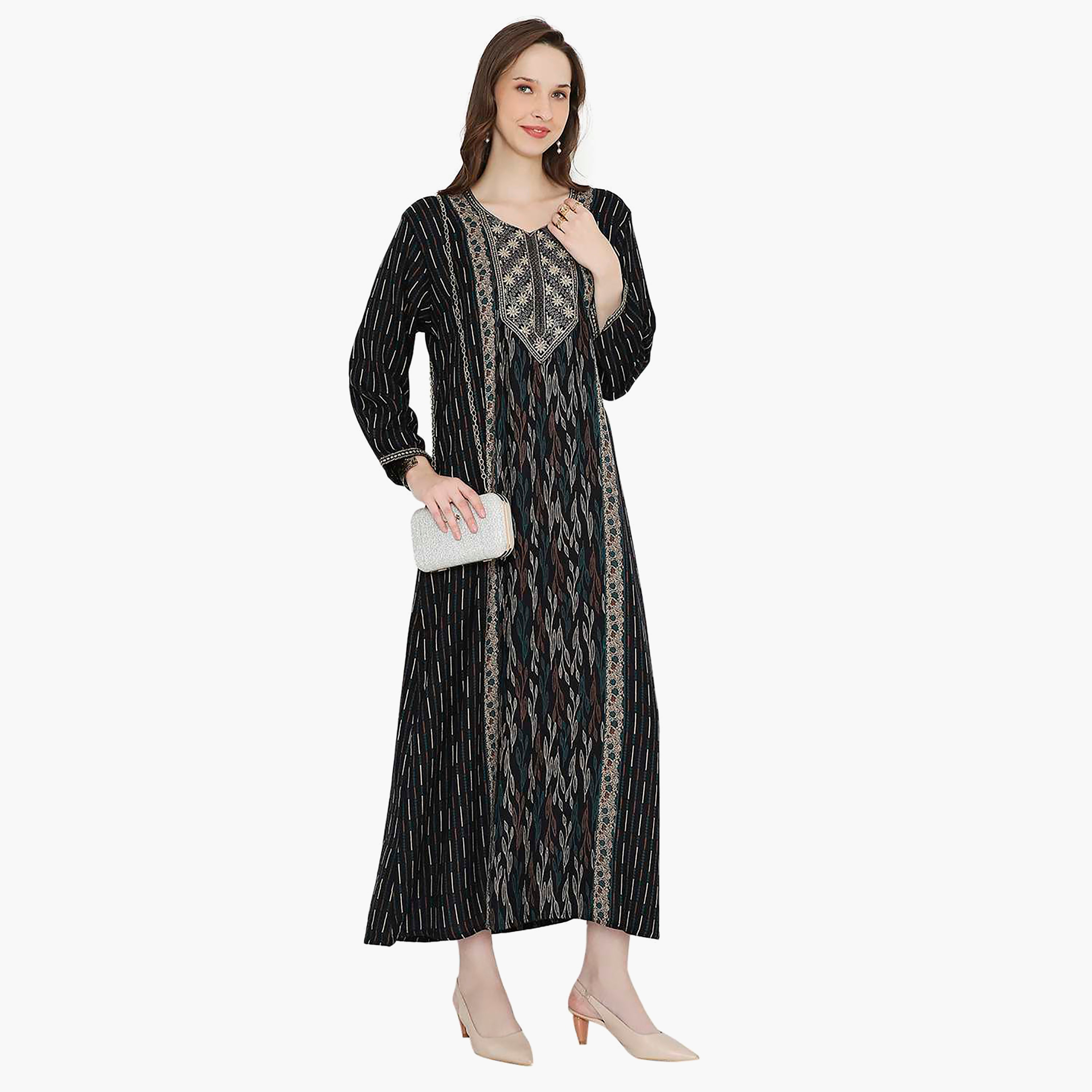 Hana & Sara Striped Embroidered Knot Neck Detail Women's Jalabiya-women-arabicclothing-jalabiyas-image-3