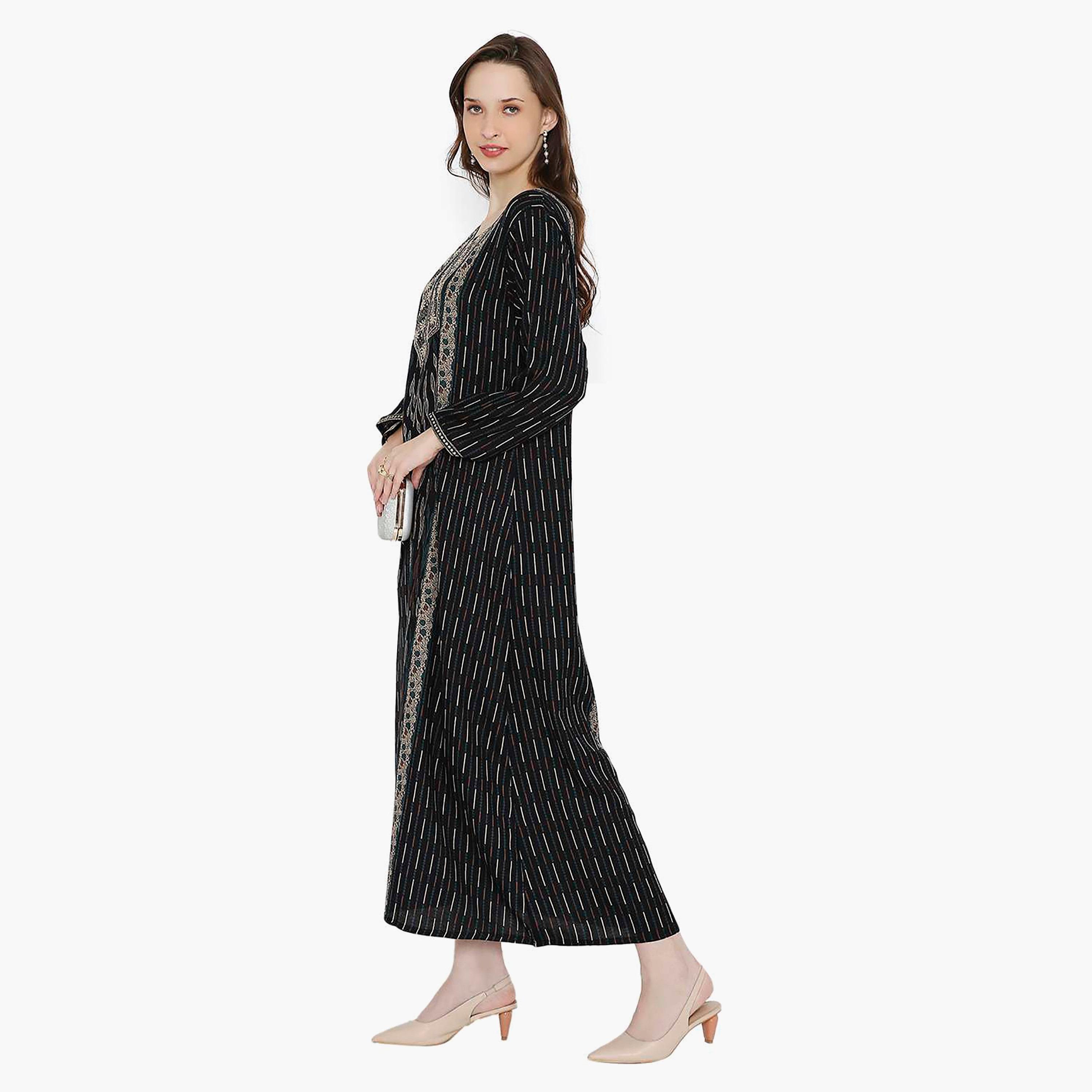 Hana & Sara Striped Embroidered Knot Neck Detail Women's Jalabiya-women-arabicclothing-jalabiyas-image-4