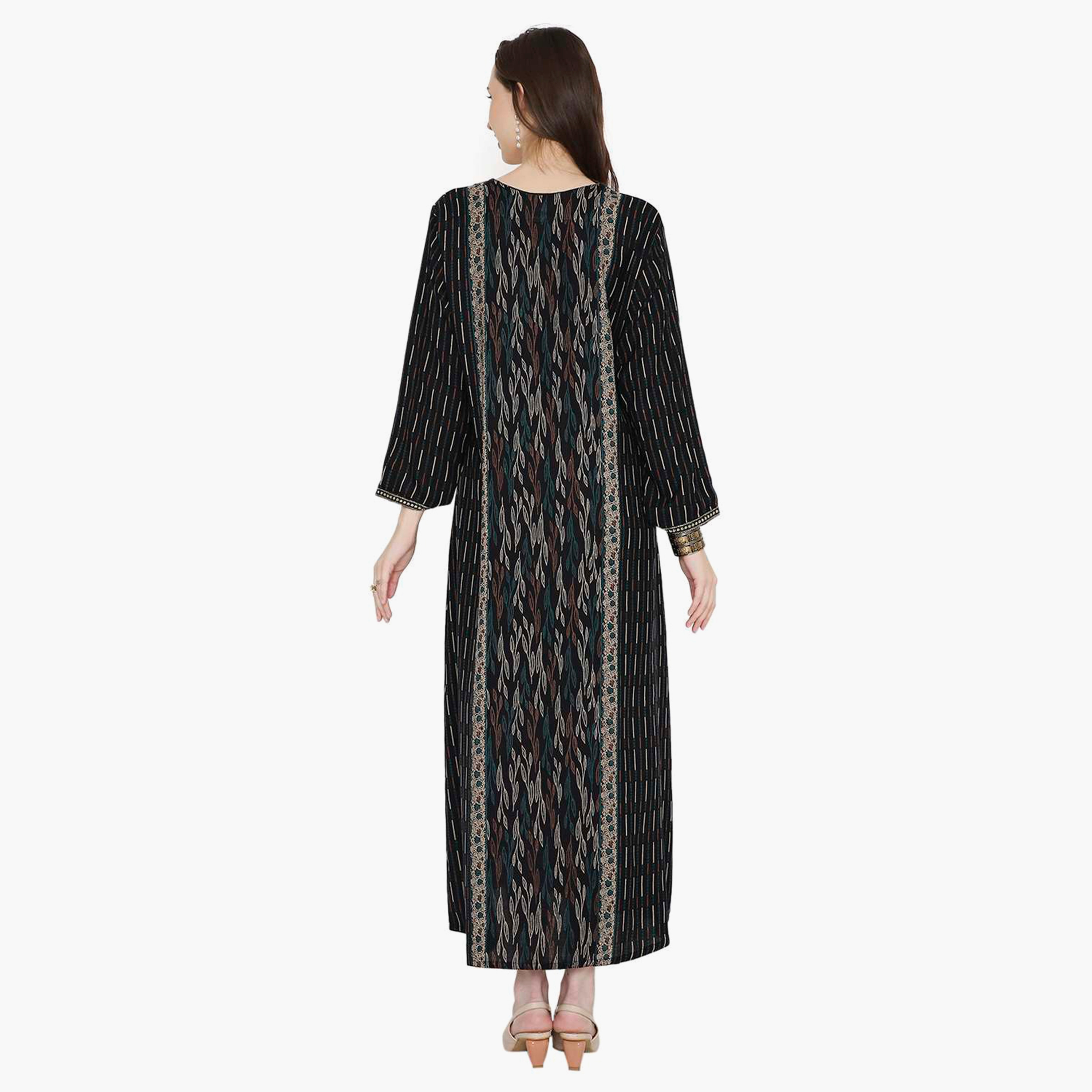 Hana & Sara Striped Embroidered Knot Neck Detail Women's Jalabiya-women-arabicclothing-jalabiyas-image-5