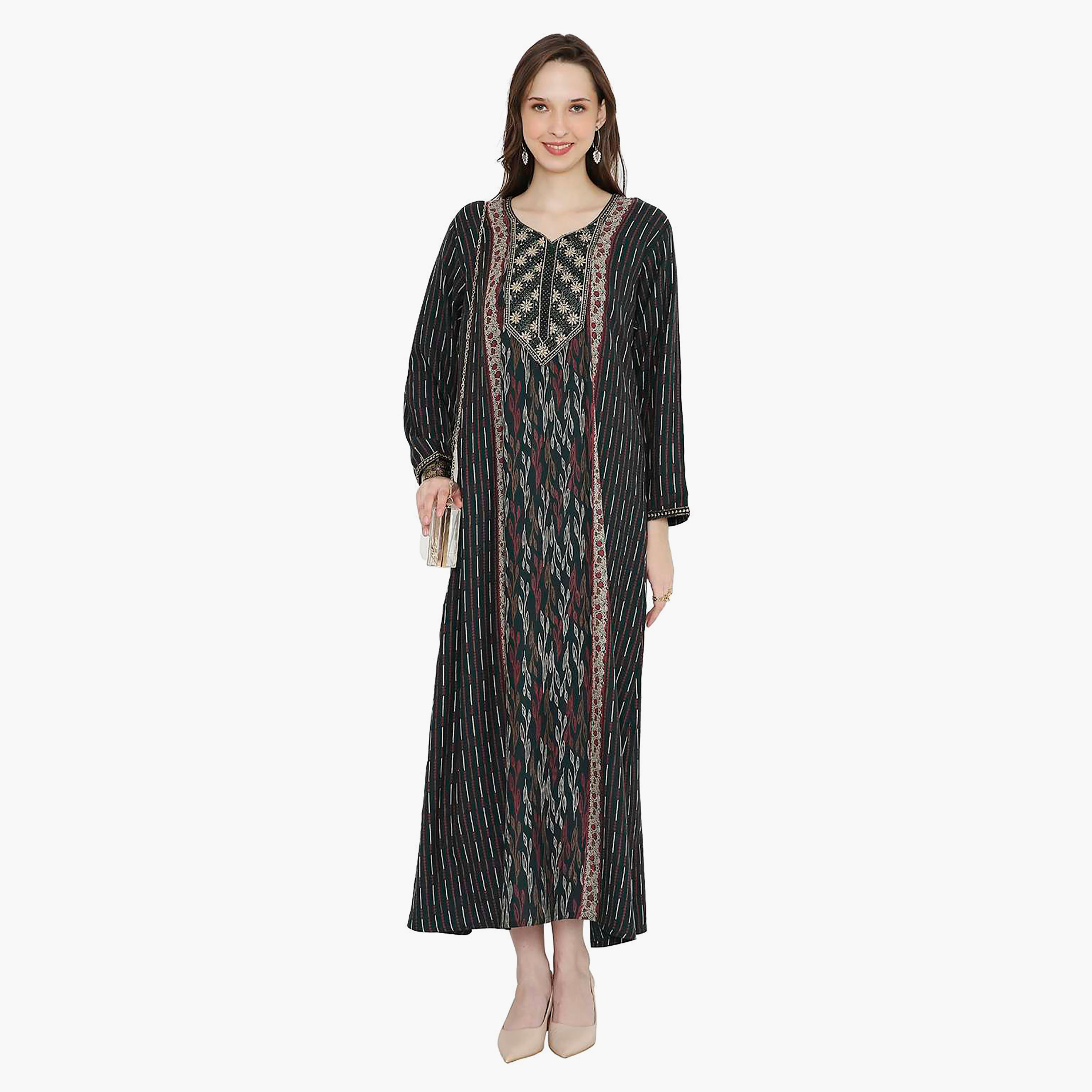 Hana & Sara Striped Embroidered Knot Neck Detail Women's Jalabiya-women-arabicclothing-jalabiyas-image-1