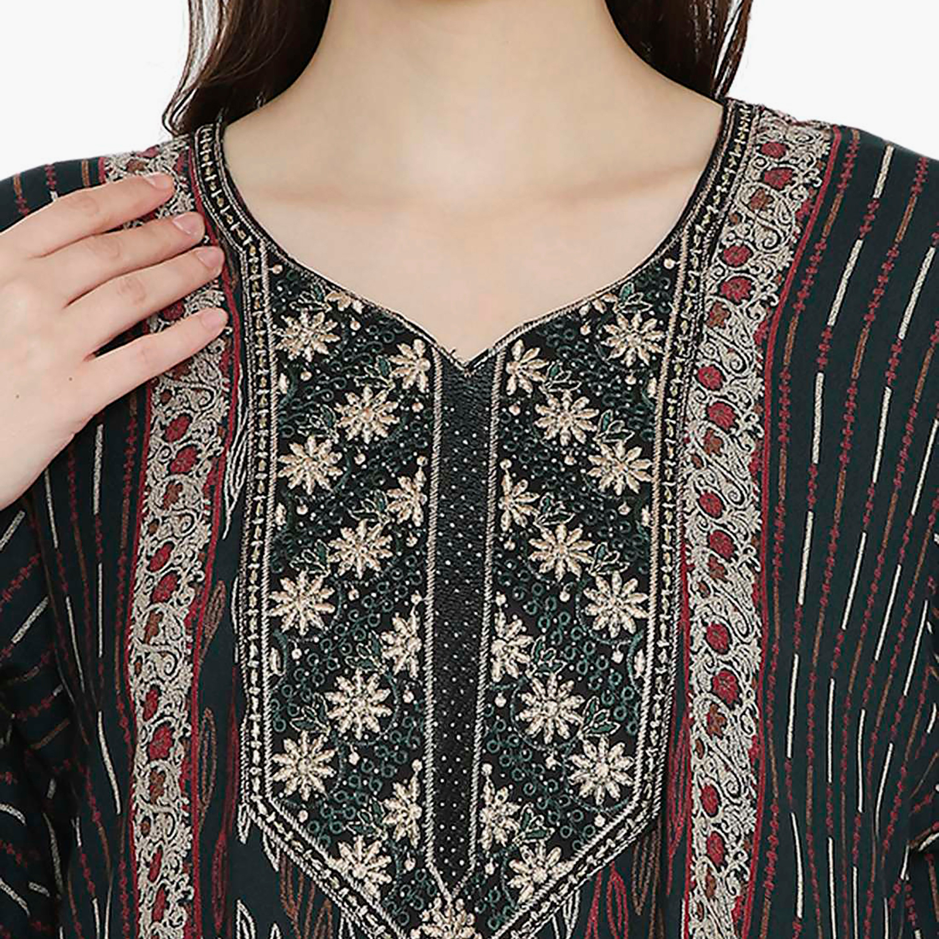 Hana & Sara Striped Embroidered Knot Neck Detail Women's Jalabiya-women-arabicclothing-jalabiyas-image-2