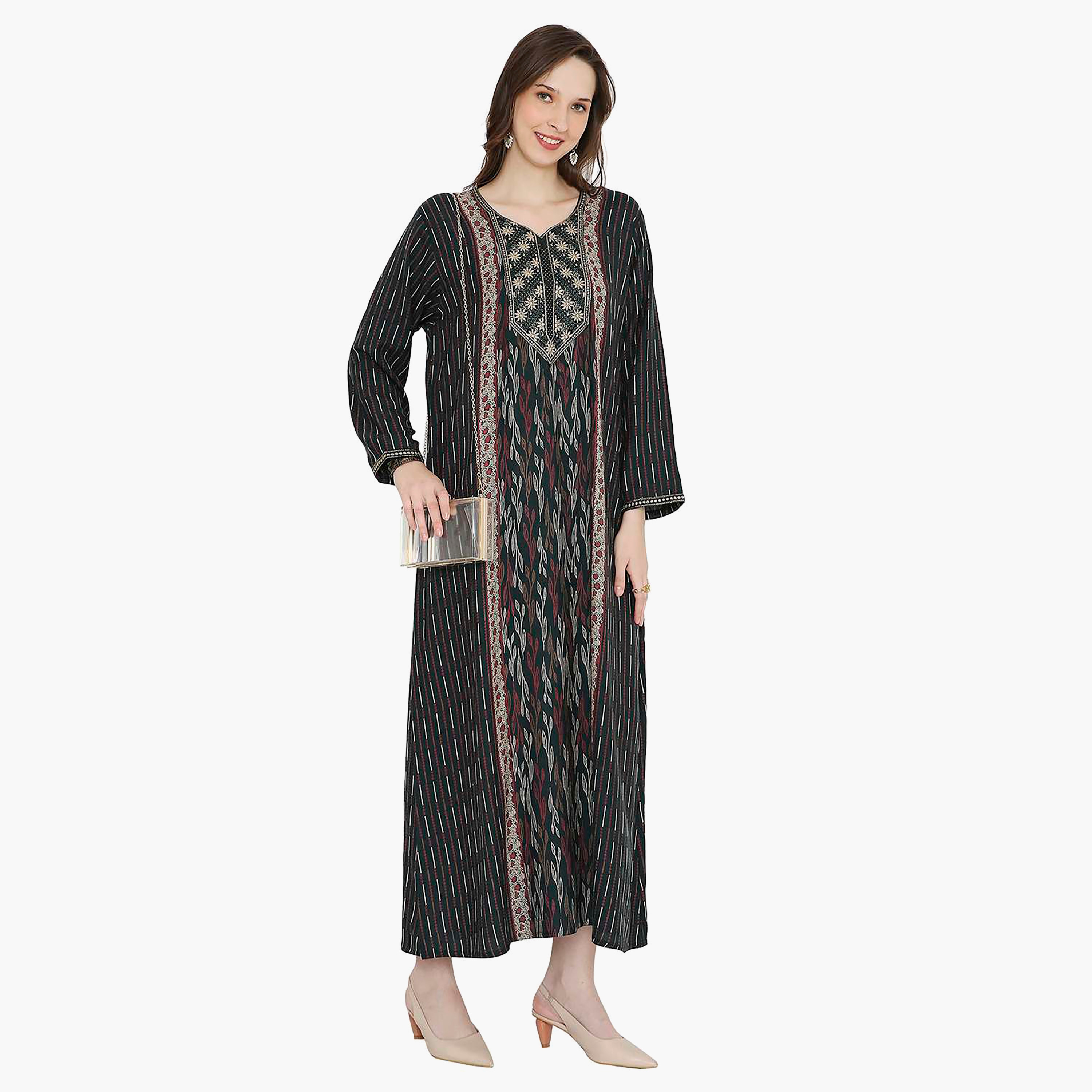Hana & Sara Striped Embroidered Knot Neck Detail Women's Jalabiya-women-arabicclothing-jalabiyas-image-3
