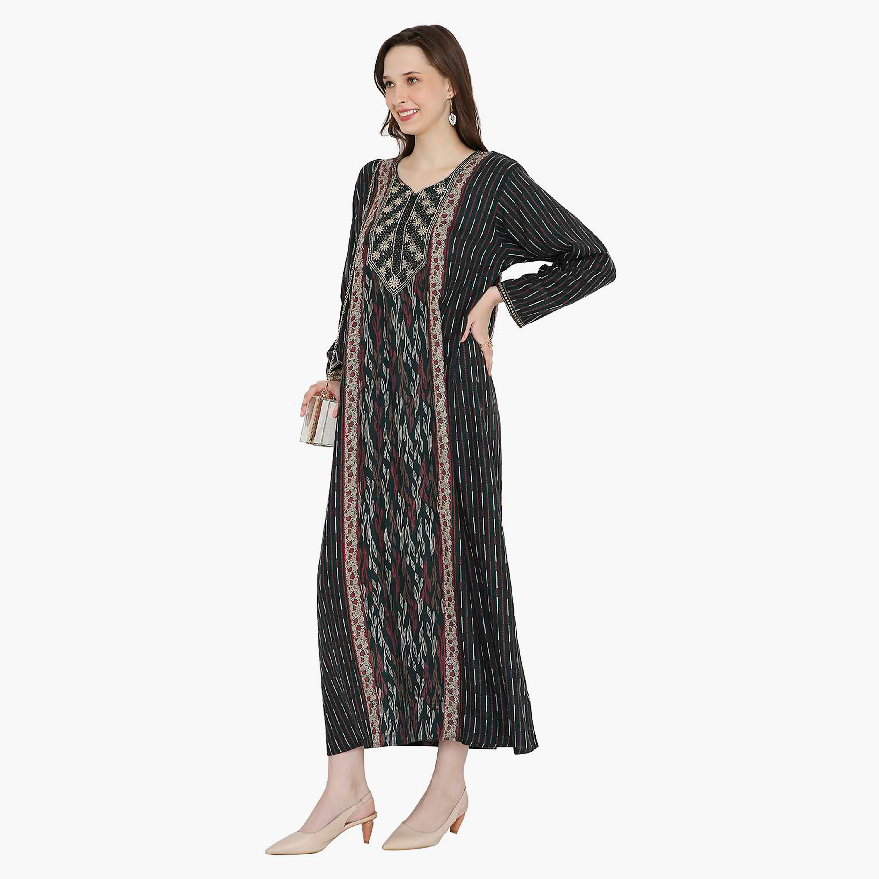 Hana & Sara Striped Embroidered Knot Neck Detail Women's Jalabiya-women-arabicclothing-jalabiyas-image-4