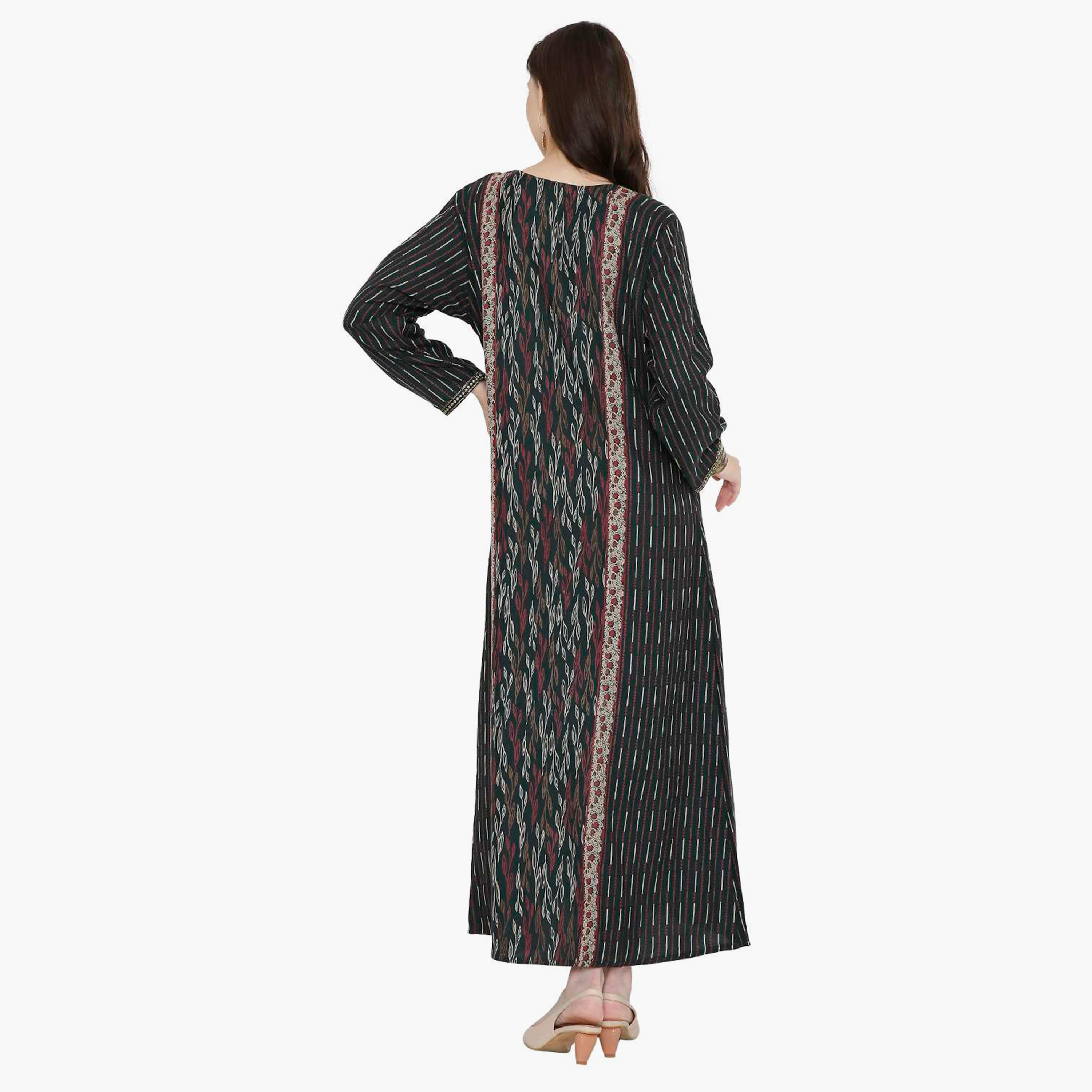 Hana & Sara Striped Embroidered Knot Neck Detail Women's Jalabiya-women-arabicclothing-jalabiyas-image-5