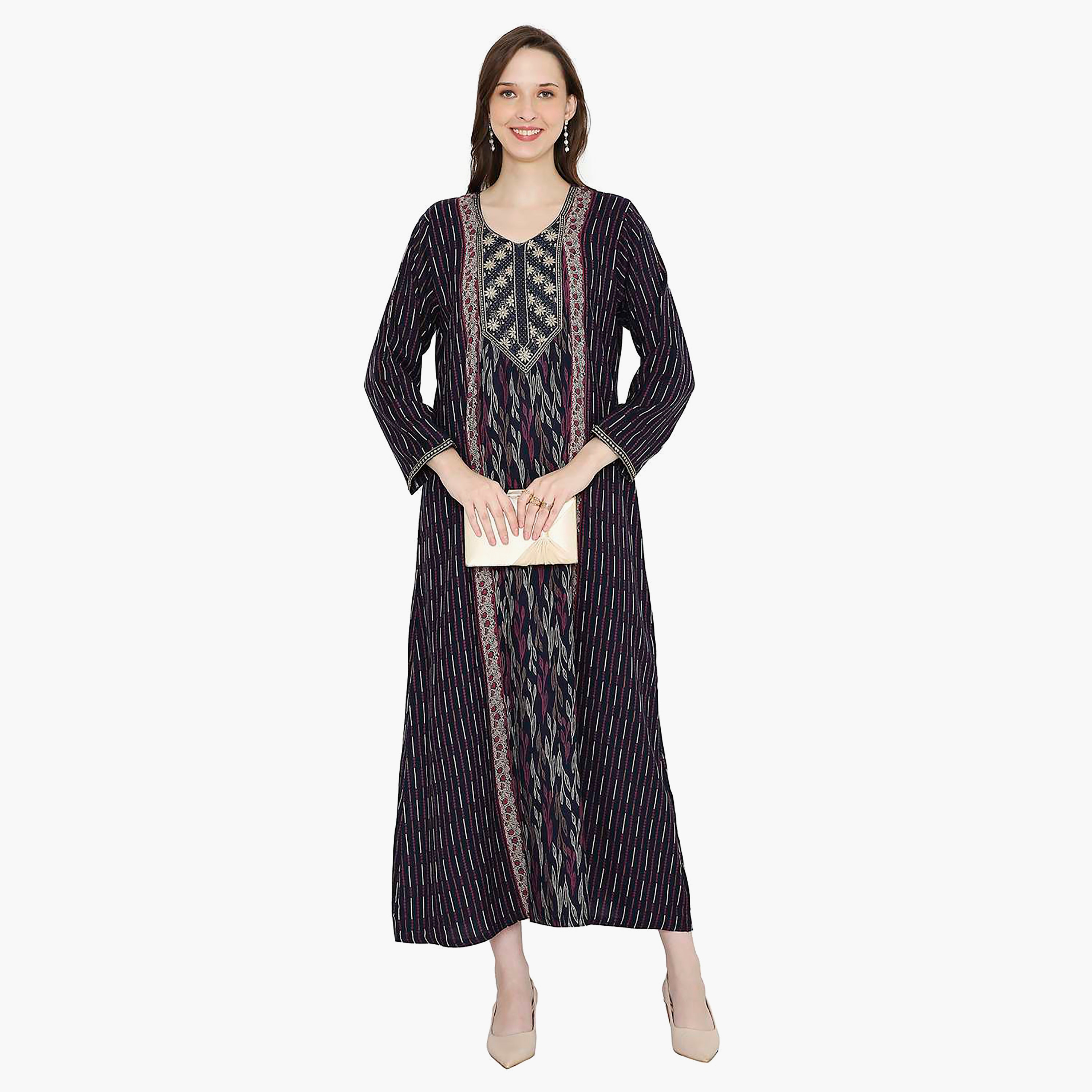 Hana & Sara Striped Embroidered Knot Neck Detail Women's Jalabiya-women-arabicclothing-jalabiyas-image-1