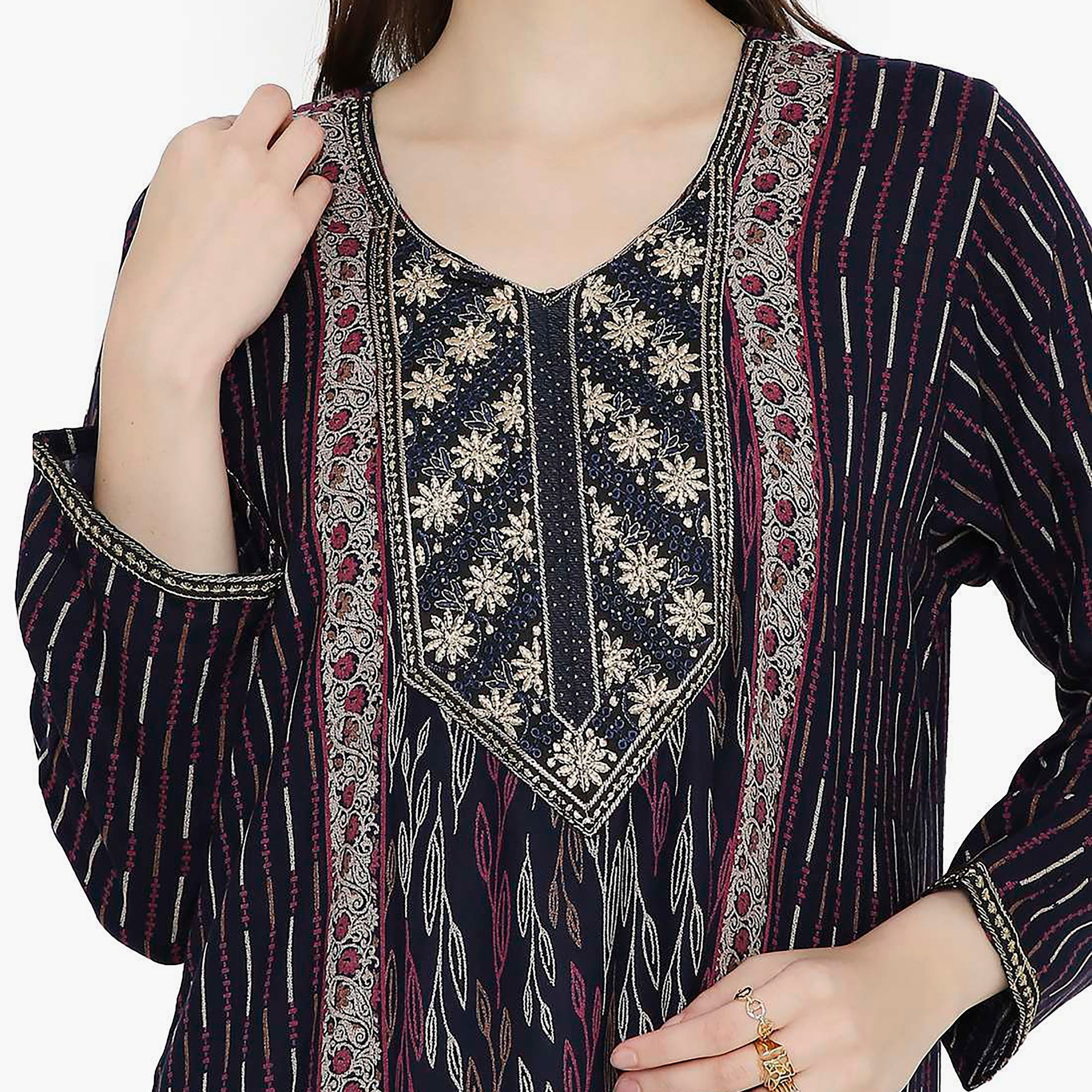 Hana & Sara Striped Embroidered Knot Neck Detail Women's Jalabiya-women-arabicclothing-jalabiyas-image-2