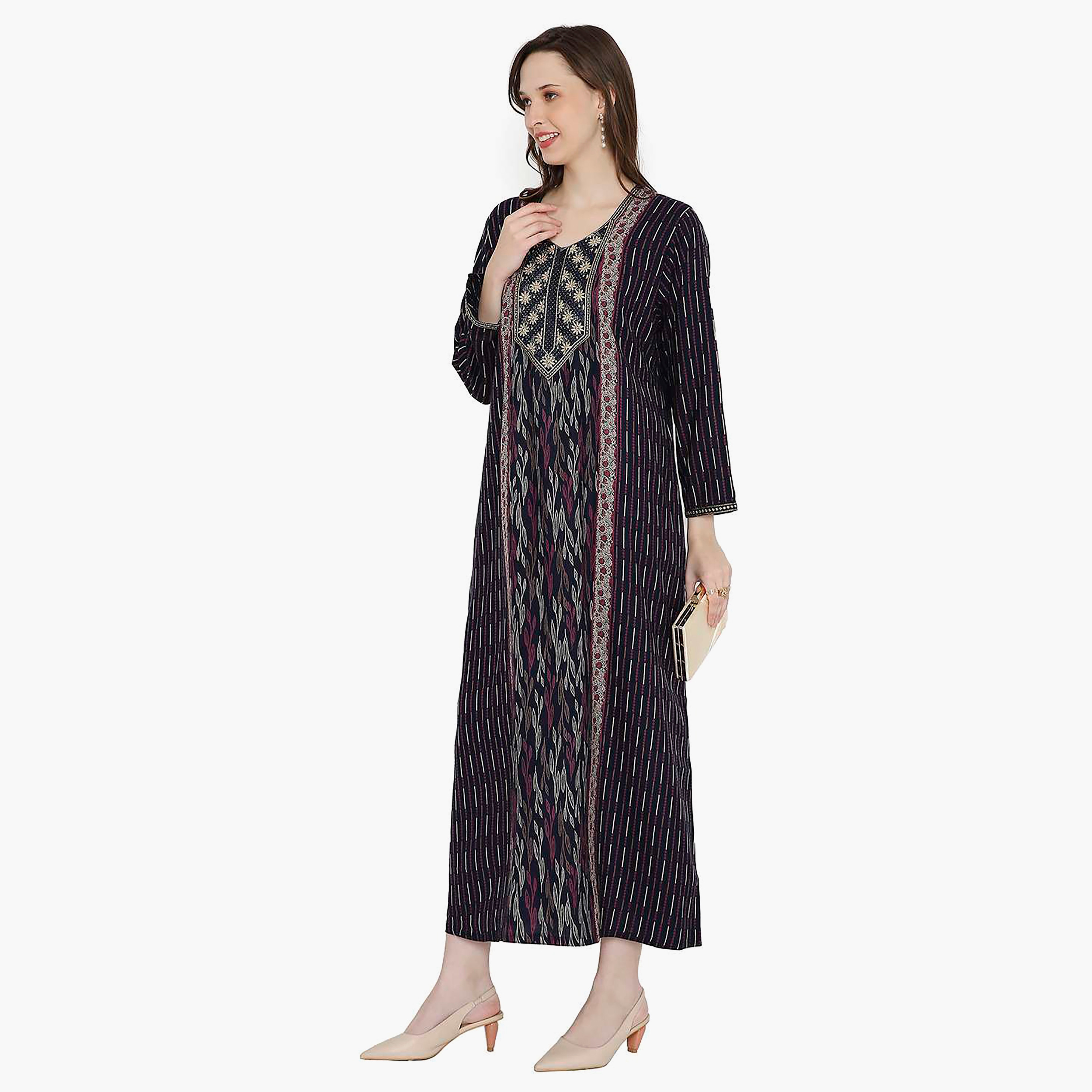 Hana & Sara Striped Embroidered Knot Neck Detail Women's Jalabiya-women-arabicclothing-jalabiyas-image-3