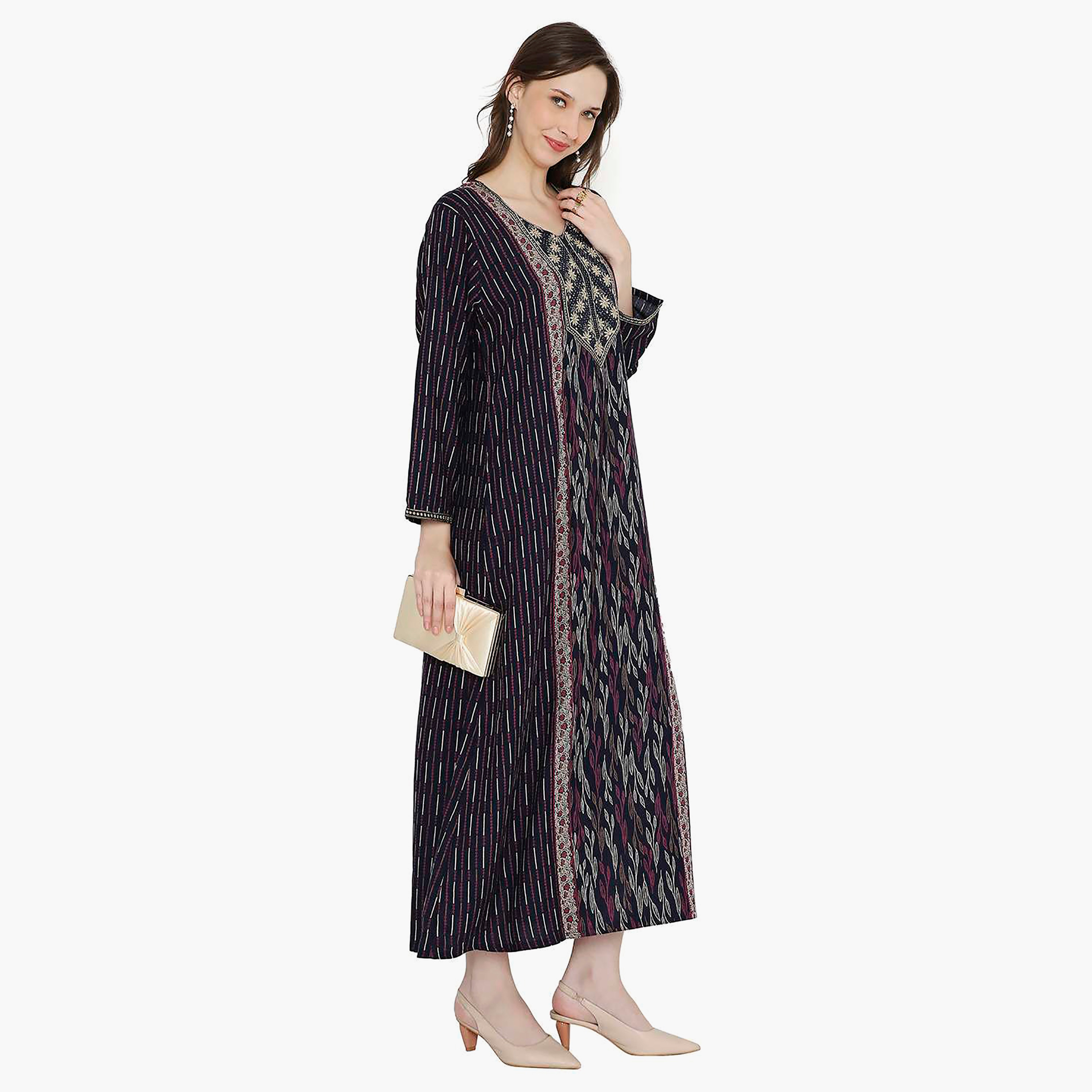 Hana & Sara Striped Embroidered Knot Neck Detail Women's Jalabiya-women-arabicclothing-jalabiyas-image-4