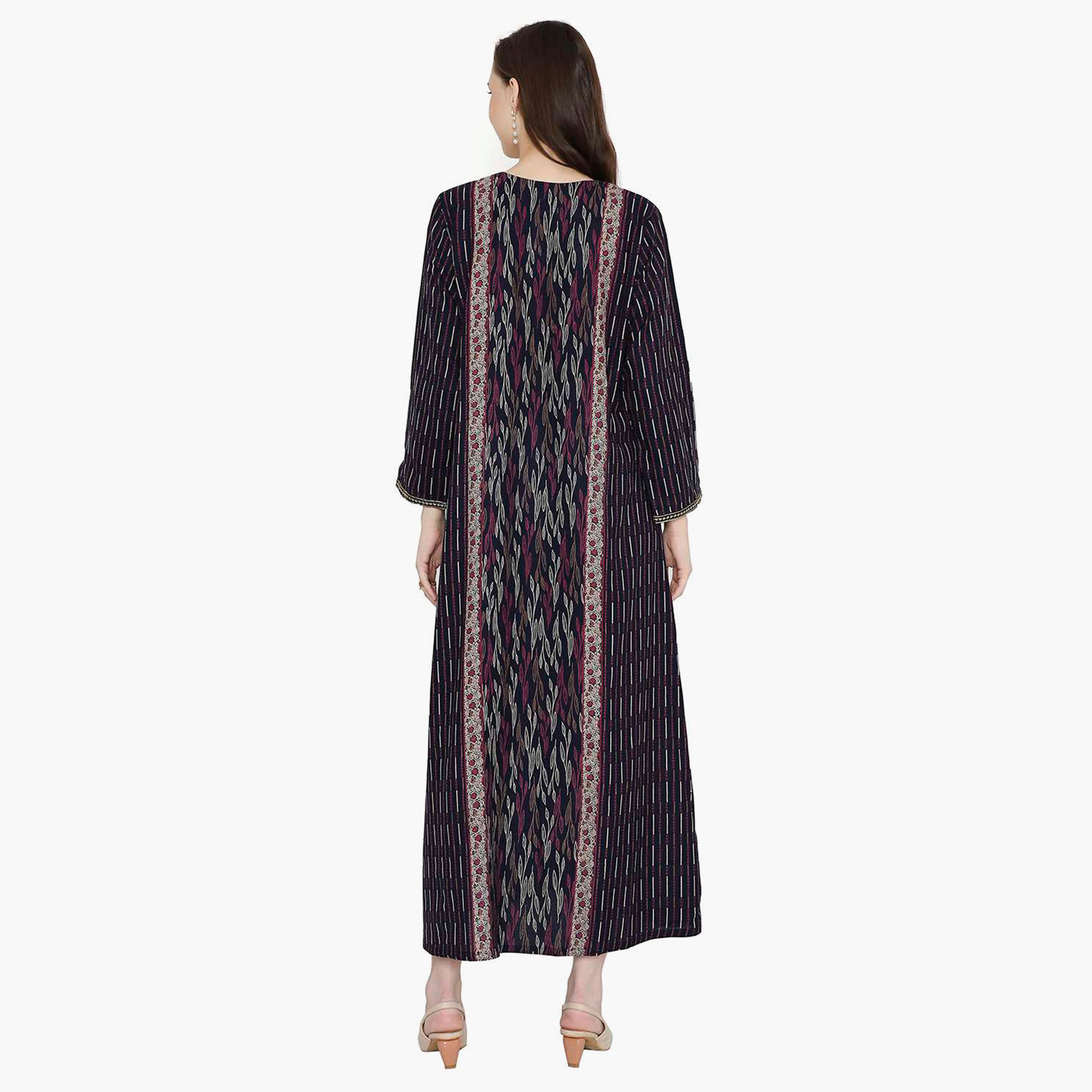 Hana & Sara Striped Embroidered Knot Neck Detail Women's Jalabiya-women-arabicclothing-jalabiyas-image-5