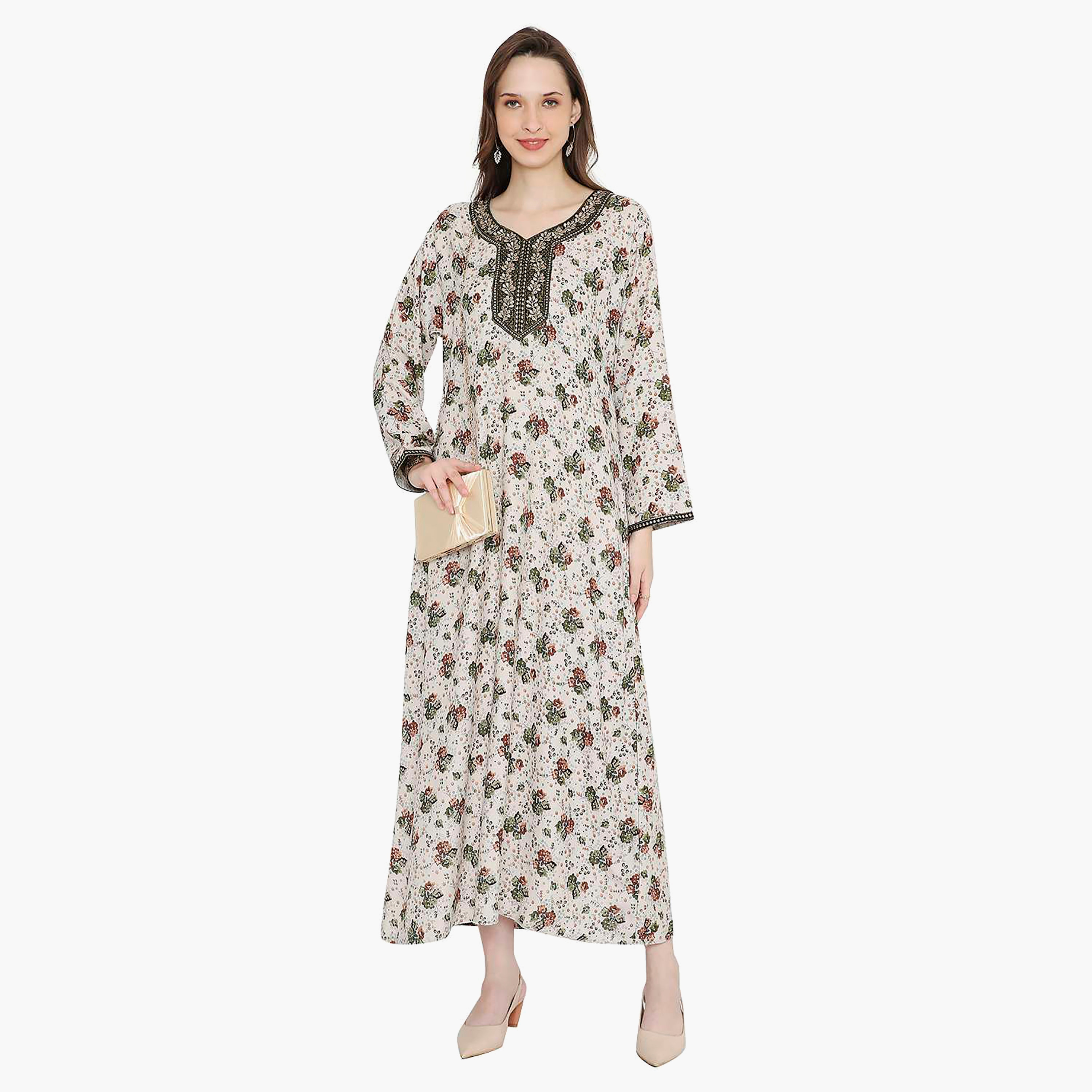 Hana & Sara Floral Embroidered Knot Neck Detail Women's Jalabiya-women-arabicclothing-jalabiyas-image-1