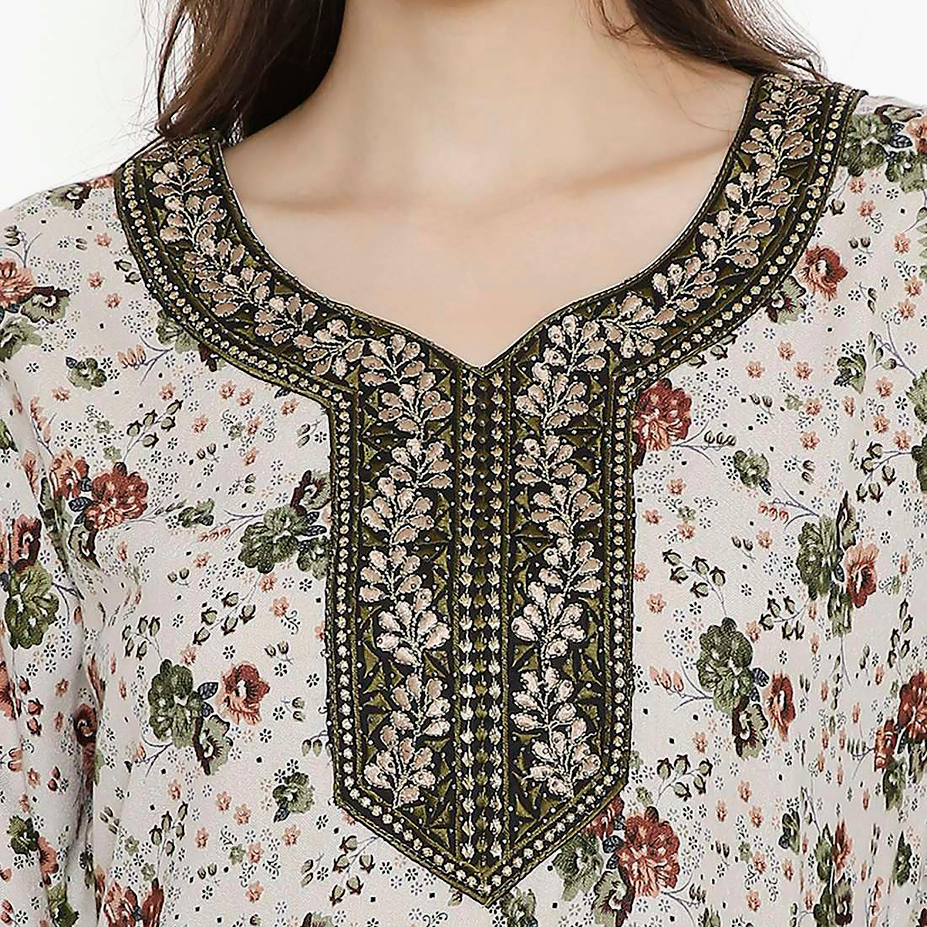 Hana & Sara Floral Embroidered Knot Neck Detail Women's Jalabiya-women-arabicclothing-jalabiyas-image-2