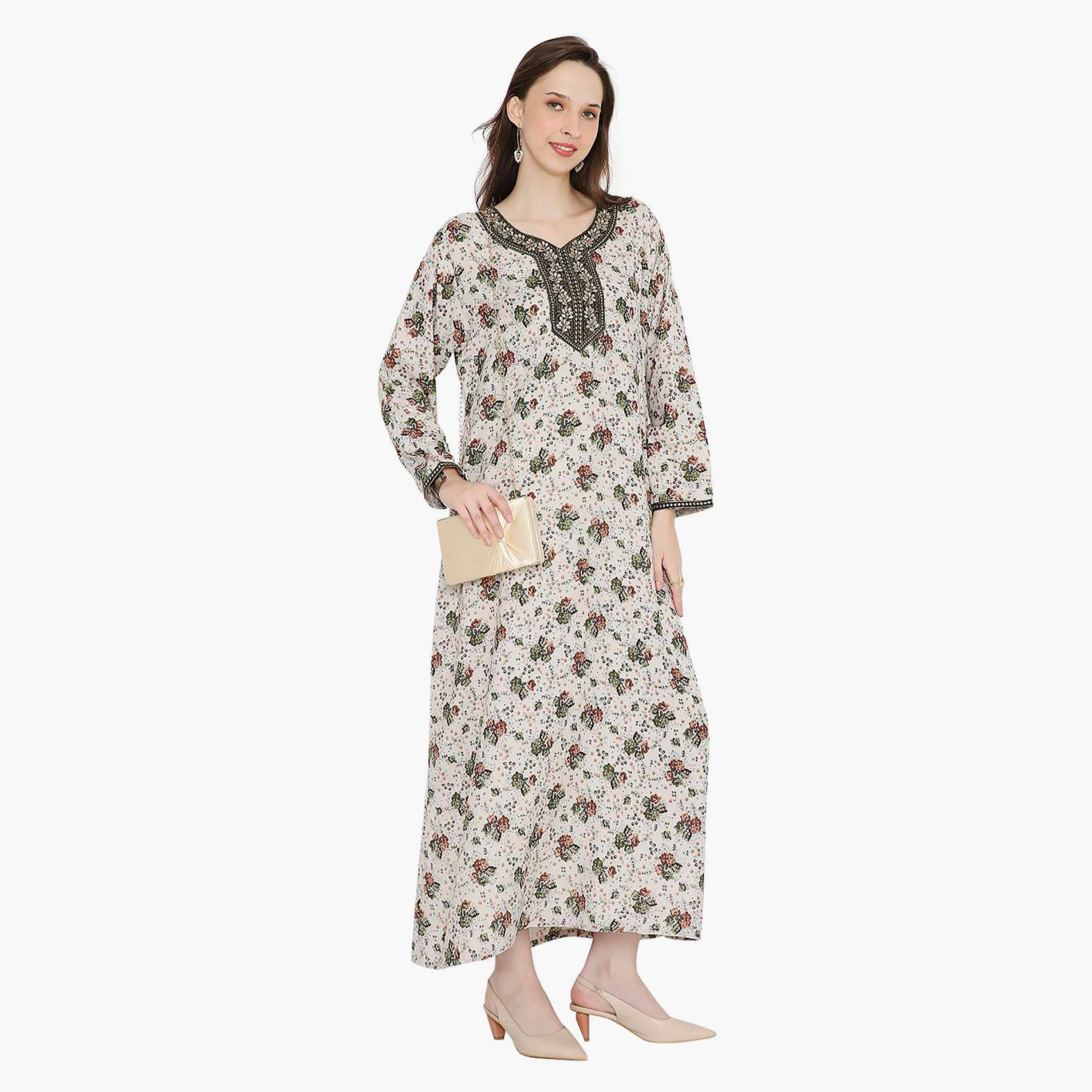 Hana & Sara Floral Embroidered Knot Neck Detail Women's Jalabiya-women-arabicclothing-jalabiyas-image-3