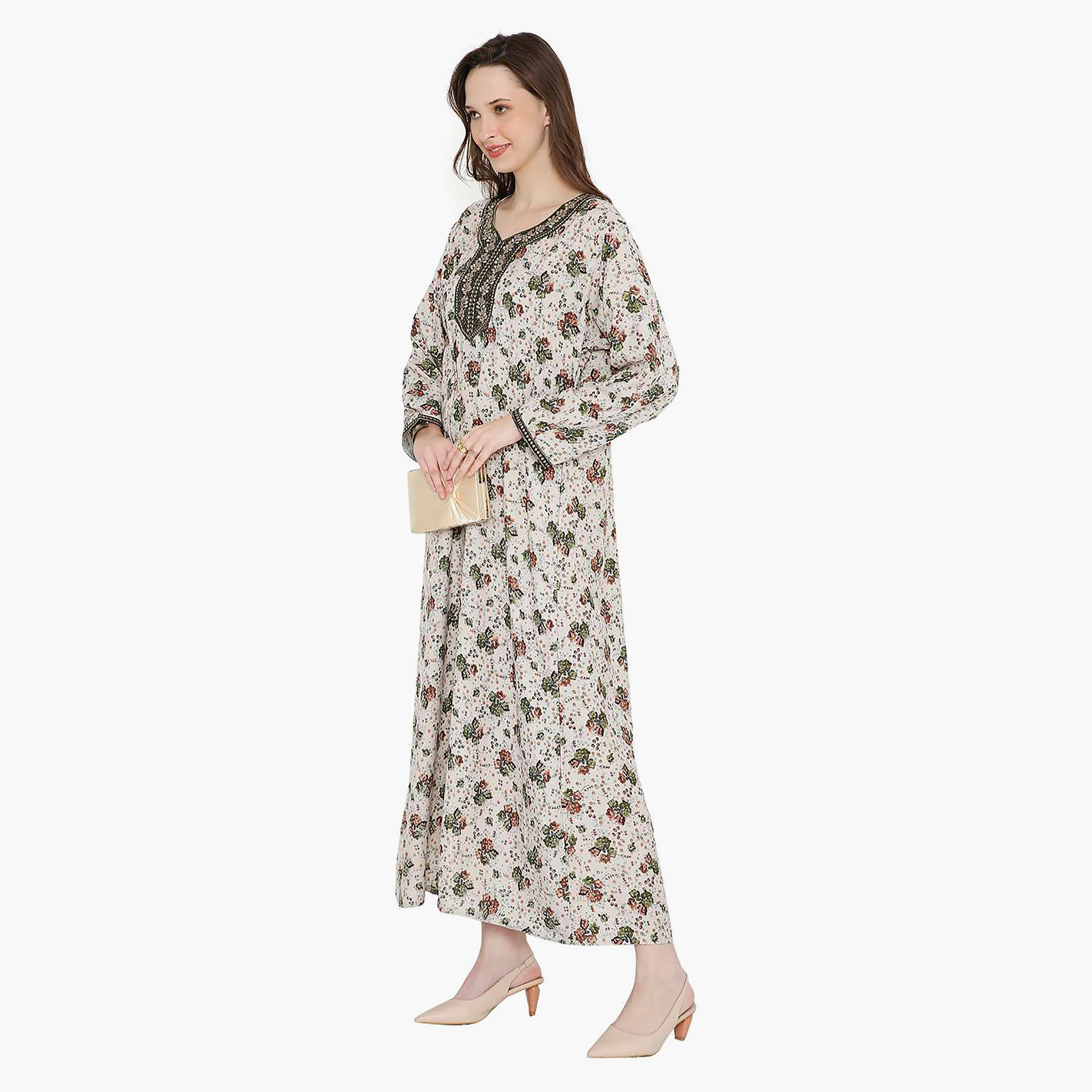 Hana & Sara Floral Embroidered Knot Neck Detail Women's Jalabiya-women-arabicclothing-jalabiyas-image-4