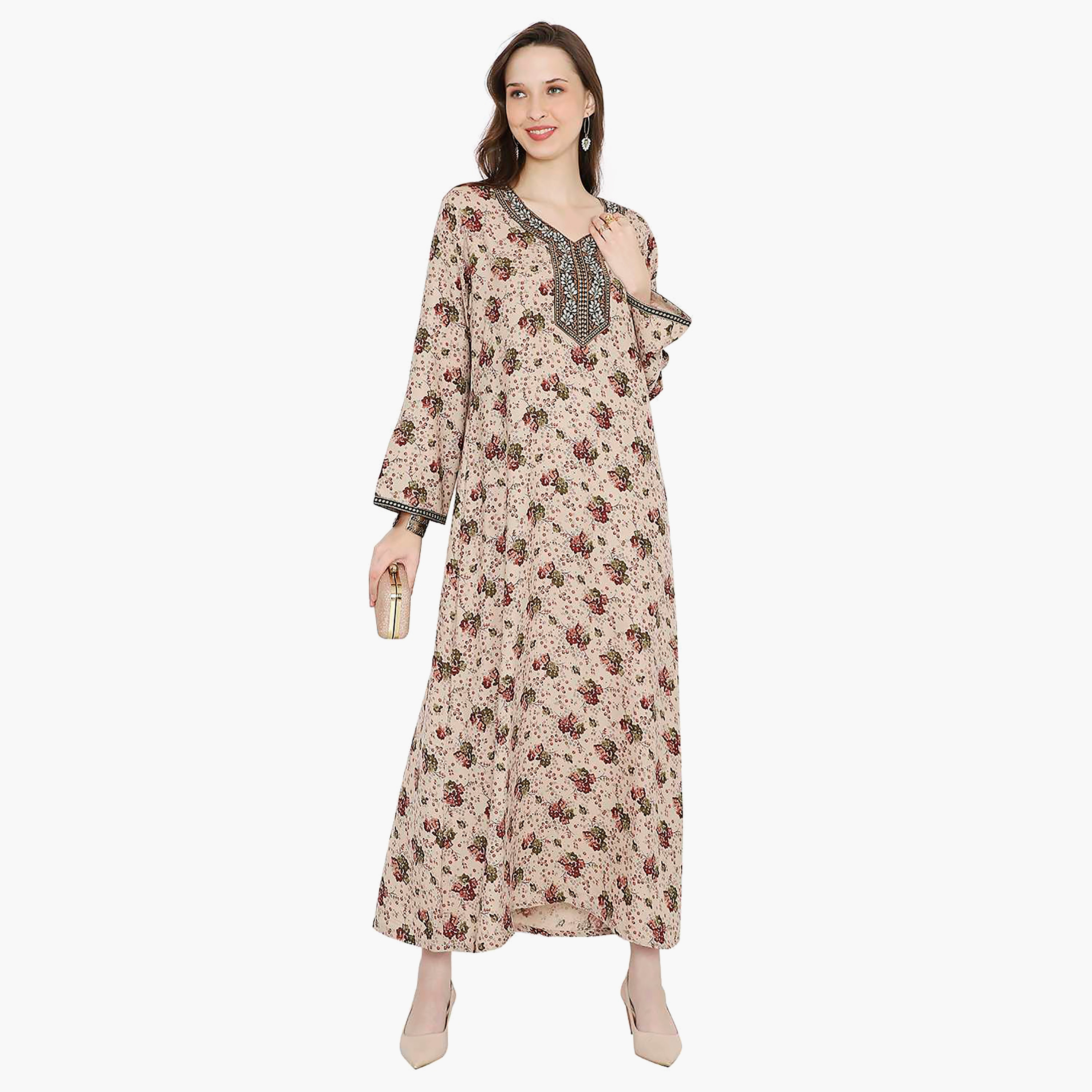 Hana & Sara Floral Embroidered Knot Neck Detail Women's Jalabiya-women-arabicclothing-jalabiyas-image-6