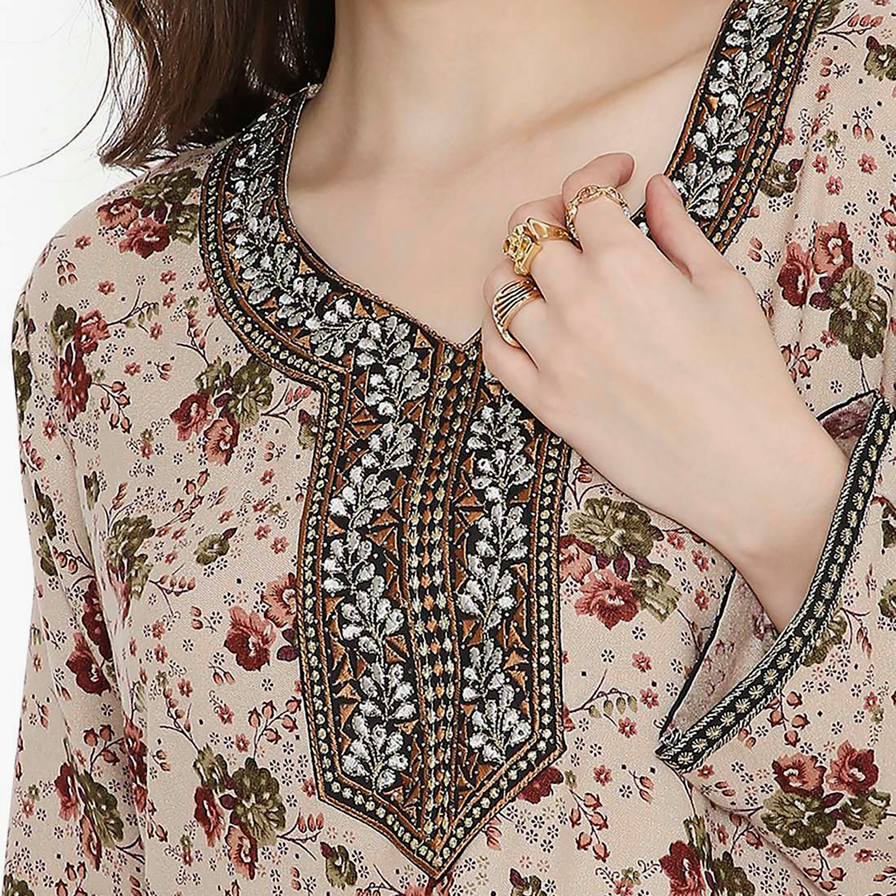 Hana & Sara Floral Embroidered Knot Neck Detail Women's Jalabiya-women-arabicclothing-jalabiyas-image-7