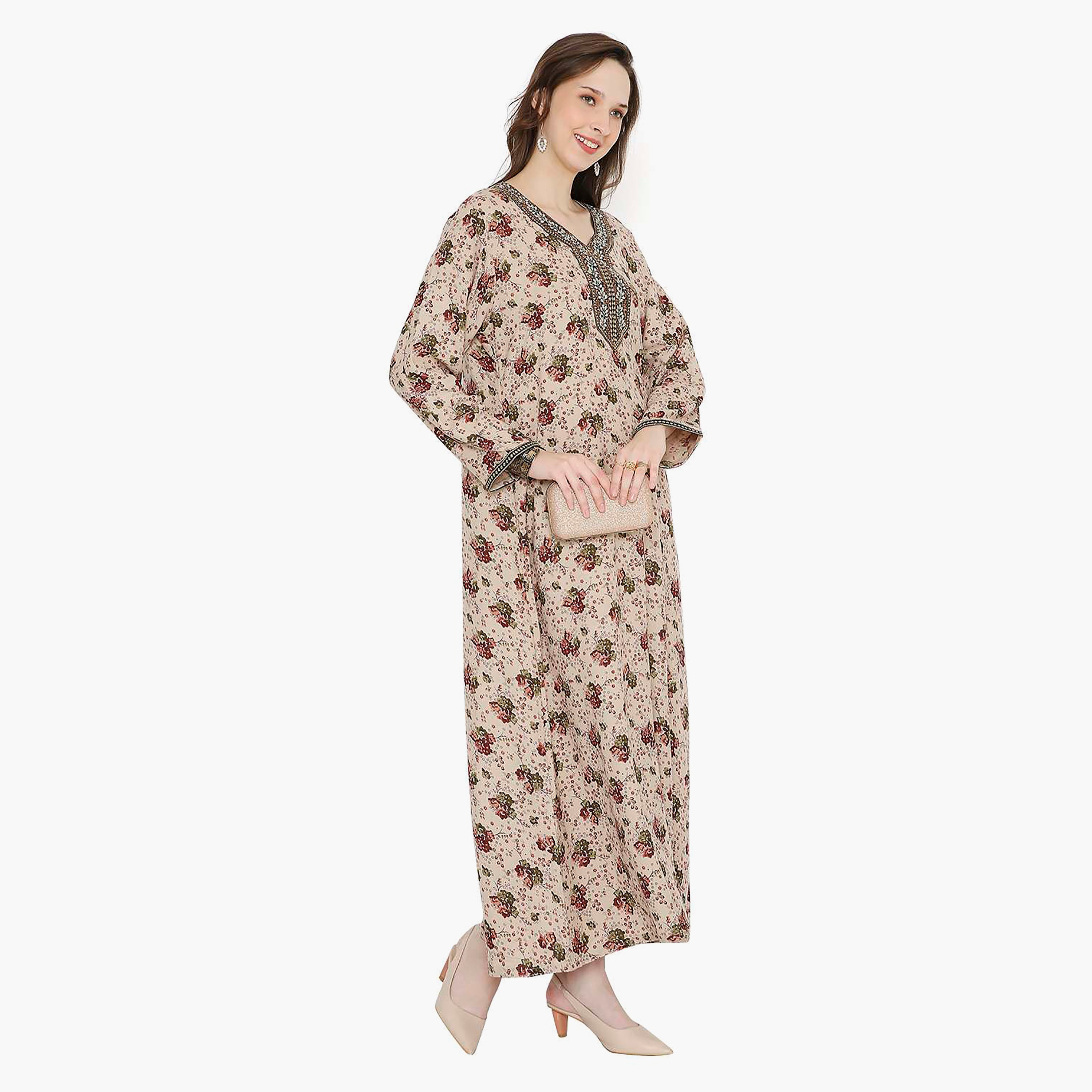 Hana & Sara Floral Embroidered Knot Neck Detail Women's Jalabiya-women-arabicclothing-jalabiyas-image-8