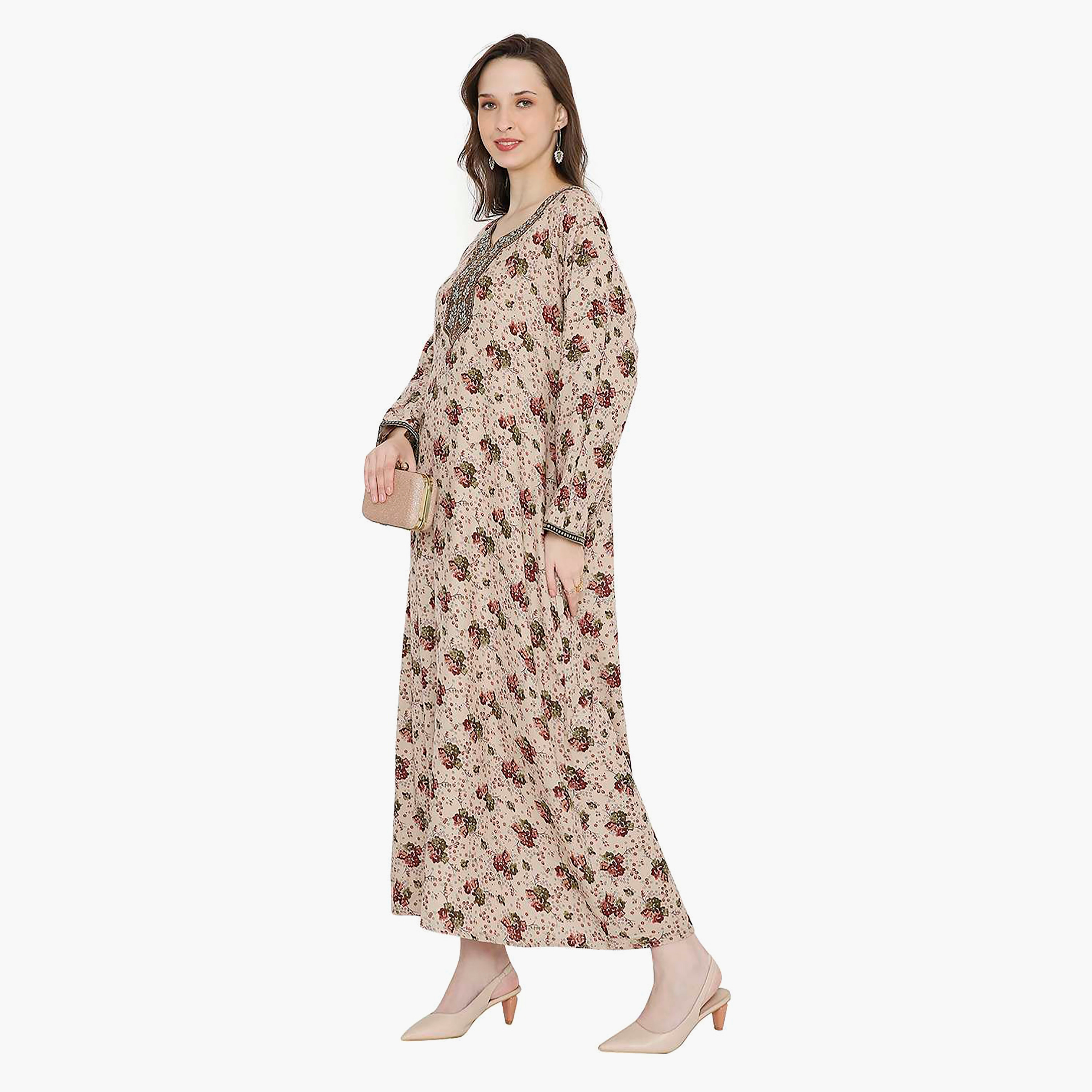 Hana & Sara Floral Embroidered Knot Neck Detail Women's Jalabiya-women-arabicclothing-jalabiyas-image-9