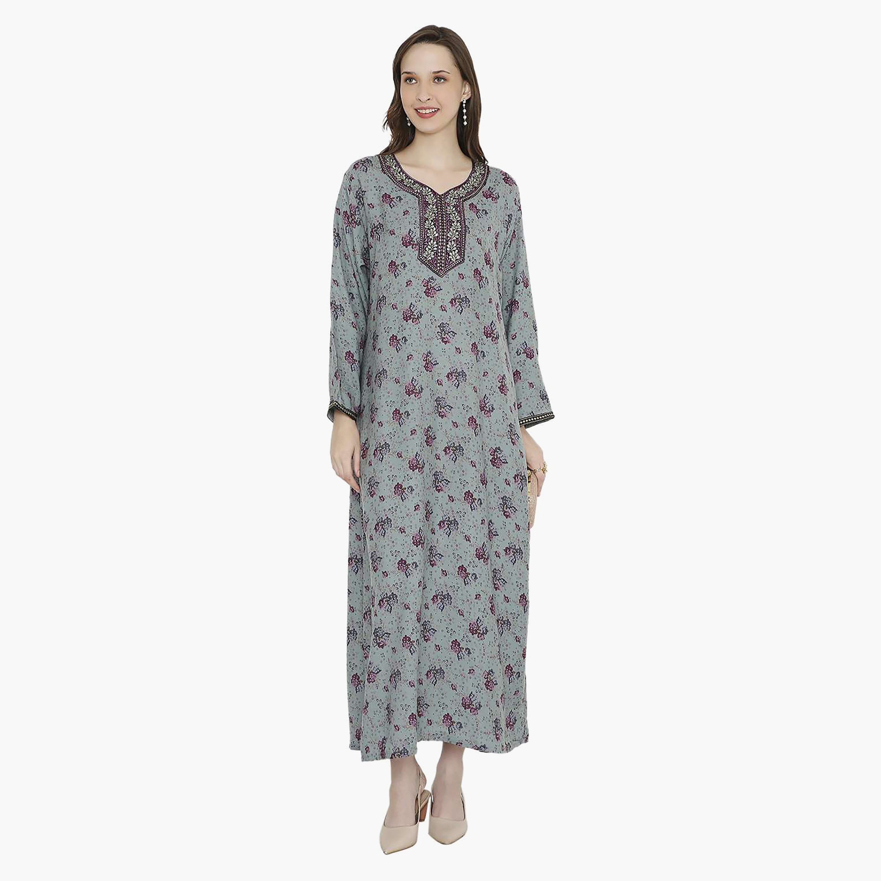 Hana & Sara Floral Embroidered Knot Neck Detail Women's Jalabiya-women-arabicclothing-jalabiyas-image-11