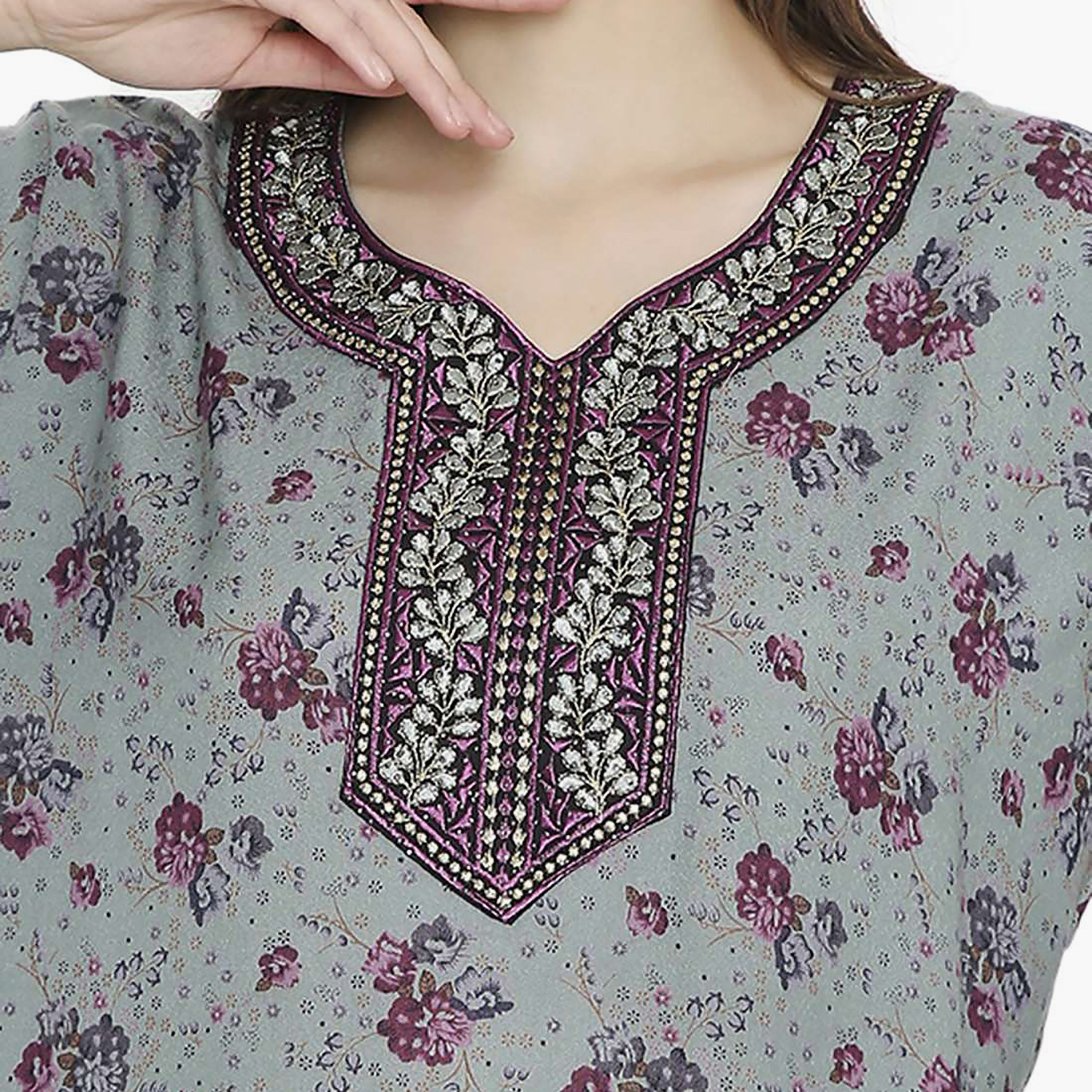 Hana & Sara Floral Embroidered Knot Neck Detail Women's Jalabiya-women-arabicclothing-jalabiyas-image-12