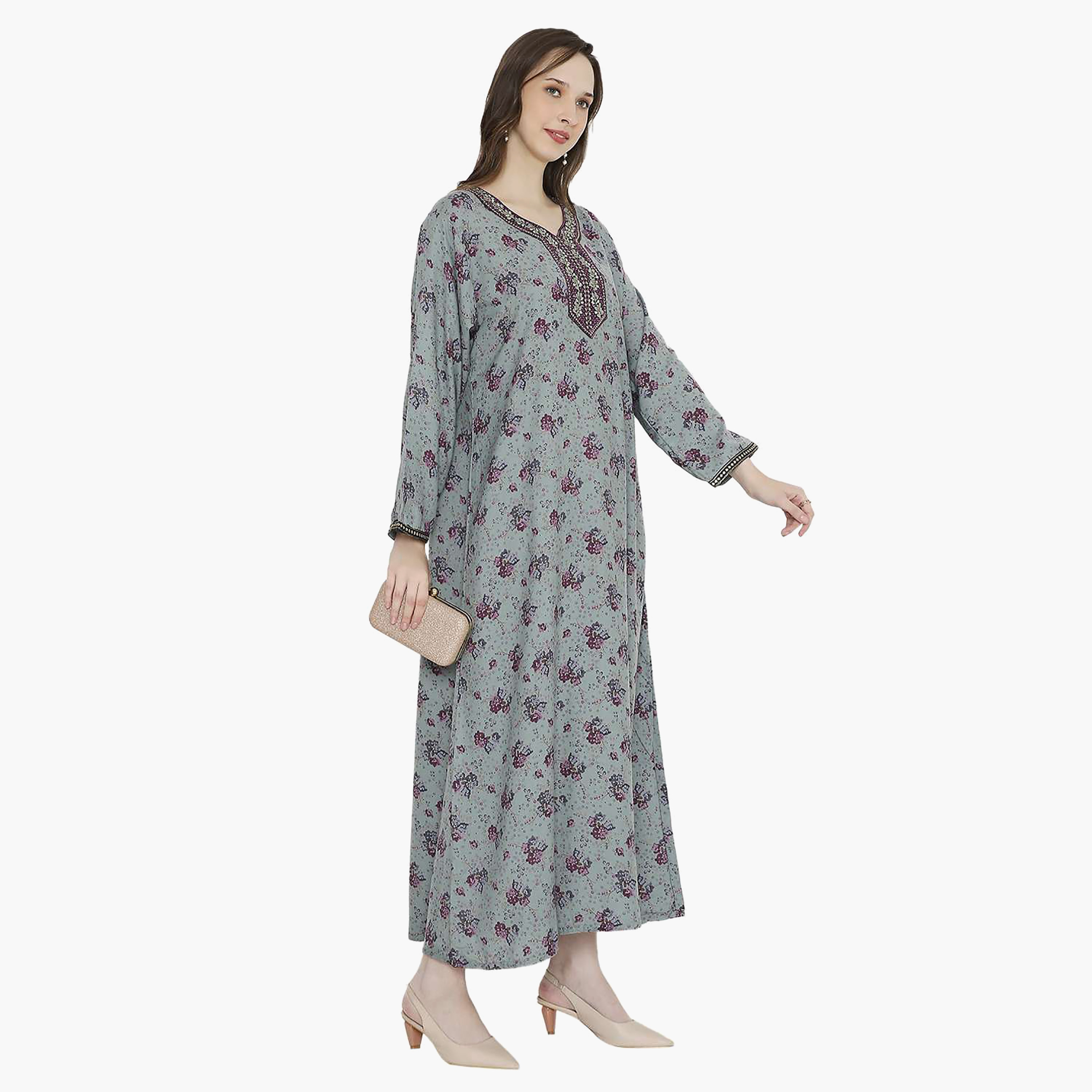 Hana & Sara Floral Embroidered Knot Neck Detail Women's Jalabiya-women-arabicclothing-jalabiyas-image-13
