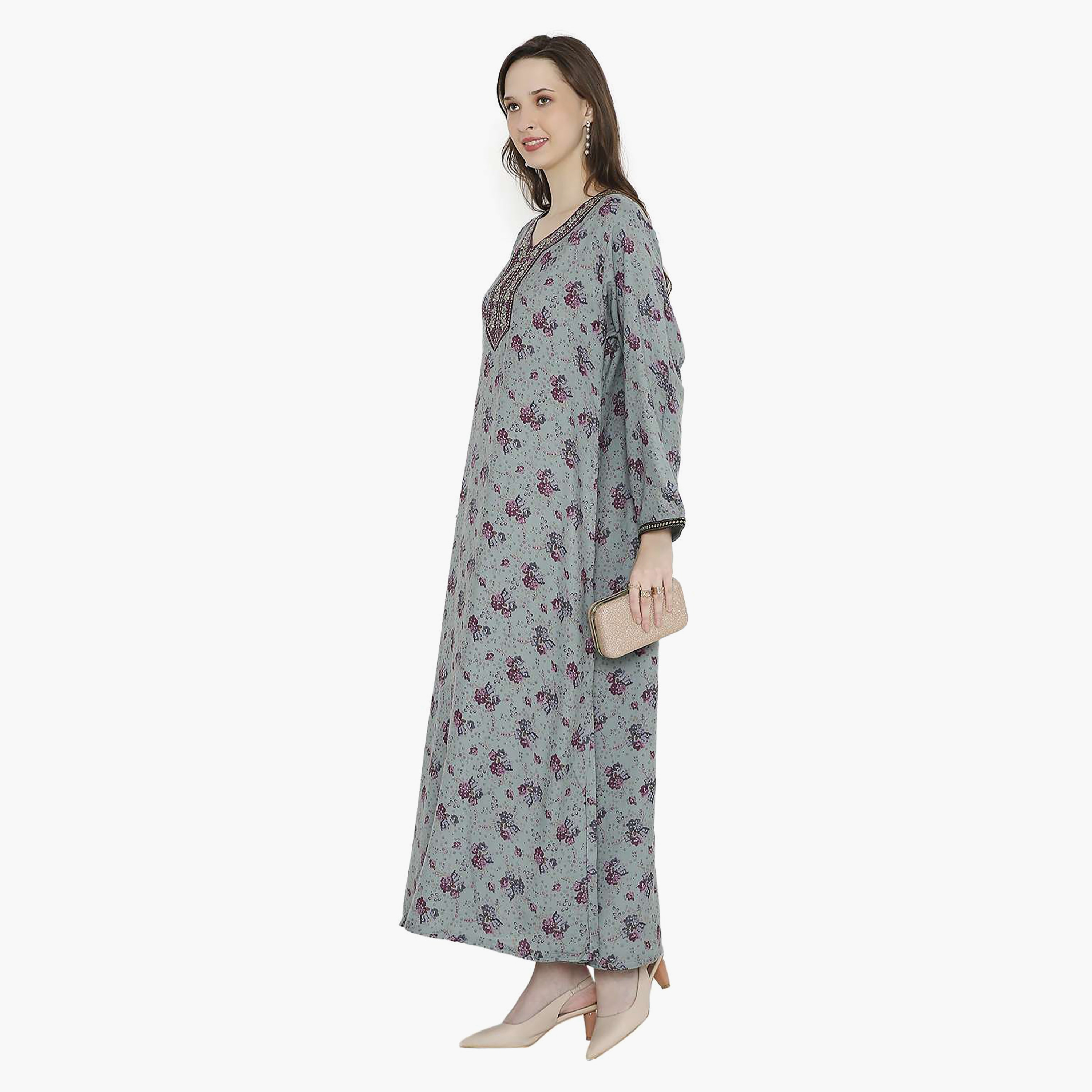 Hana & Sara Floral Embroidered Knot Neck Detail Women's Jalabiya-women-arabicclothing-jalabiyas-image-14