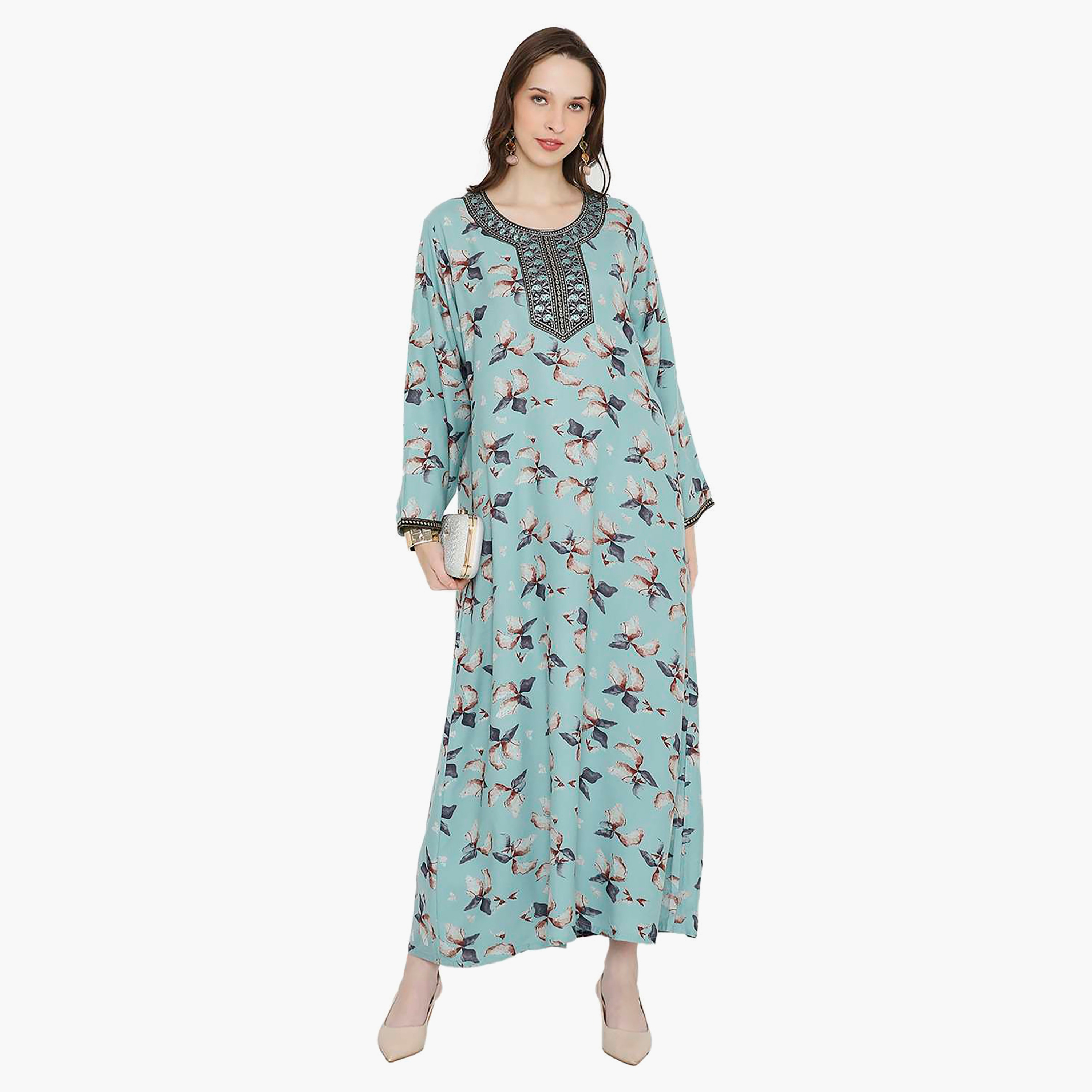 جلابية نسائية مطرزة بالزهور وعقدة عنق من هانا آند سارة-women-arabicclothing-jalabiyas-image-1