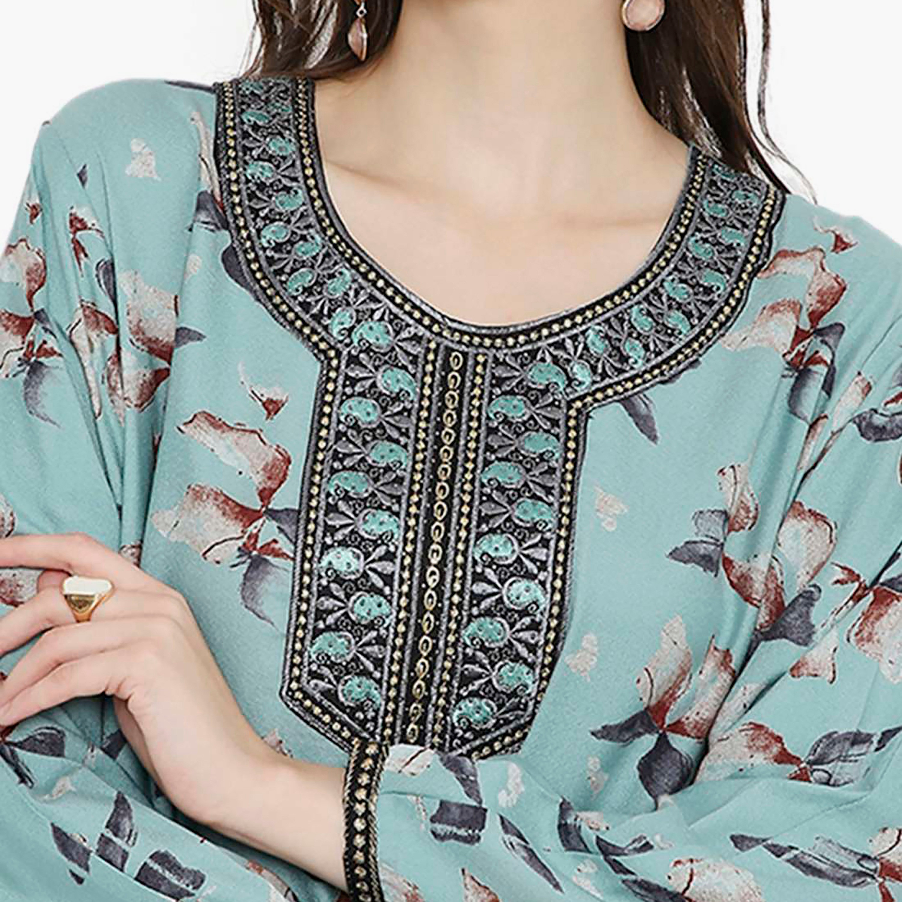 جلابية نسائية مطرزة بالزهور وعقدة عنق من هانا آند سارة-women-arabicclothing-jalabiyas-image-2