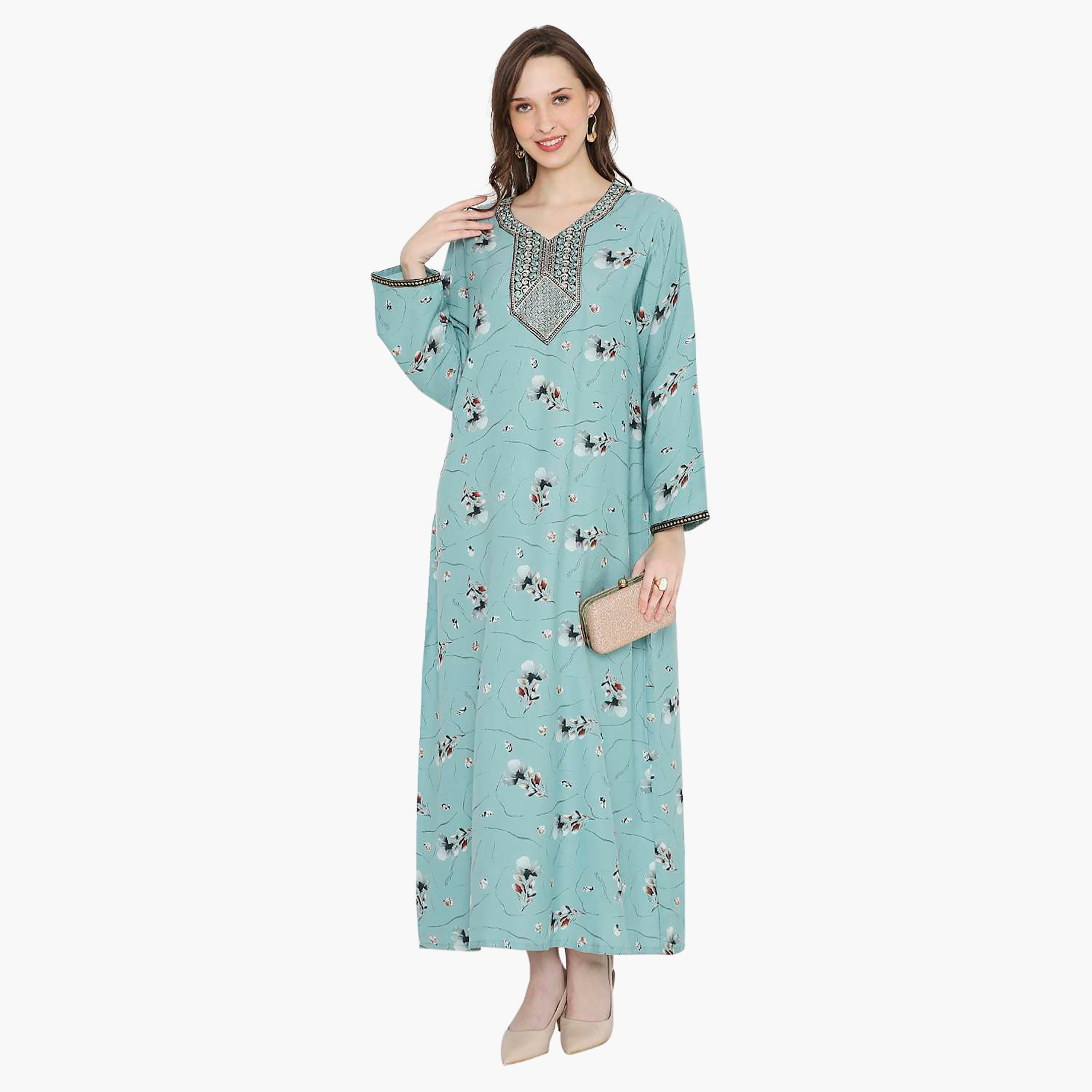 Hana & Sara Floral Embroidered Knot Neck Detail Women's Jalabiya-women-arabicclothing-jalabiyas-image-1