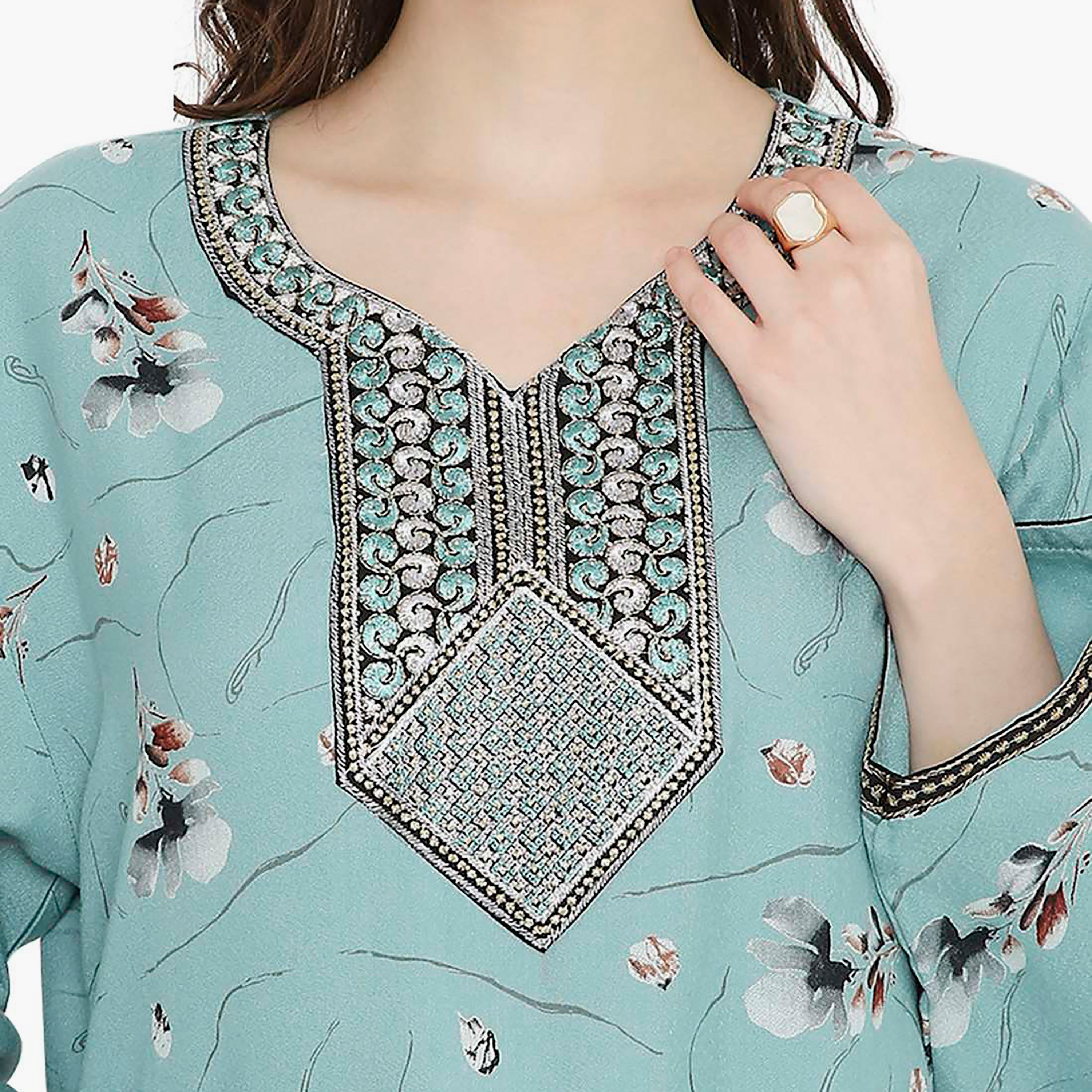 Hana & Sara Floral Embroidered Knot Neck Detail Women's Jalabiya-women-arabicclothing-jalabiyas-image-2