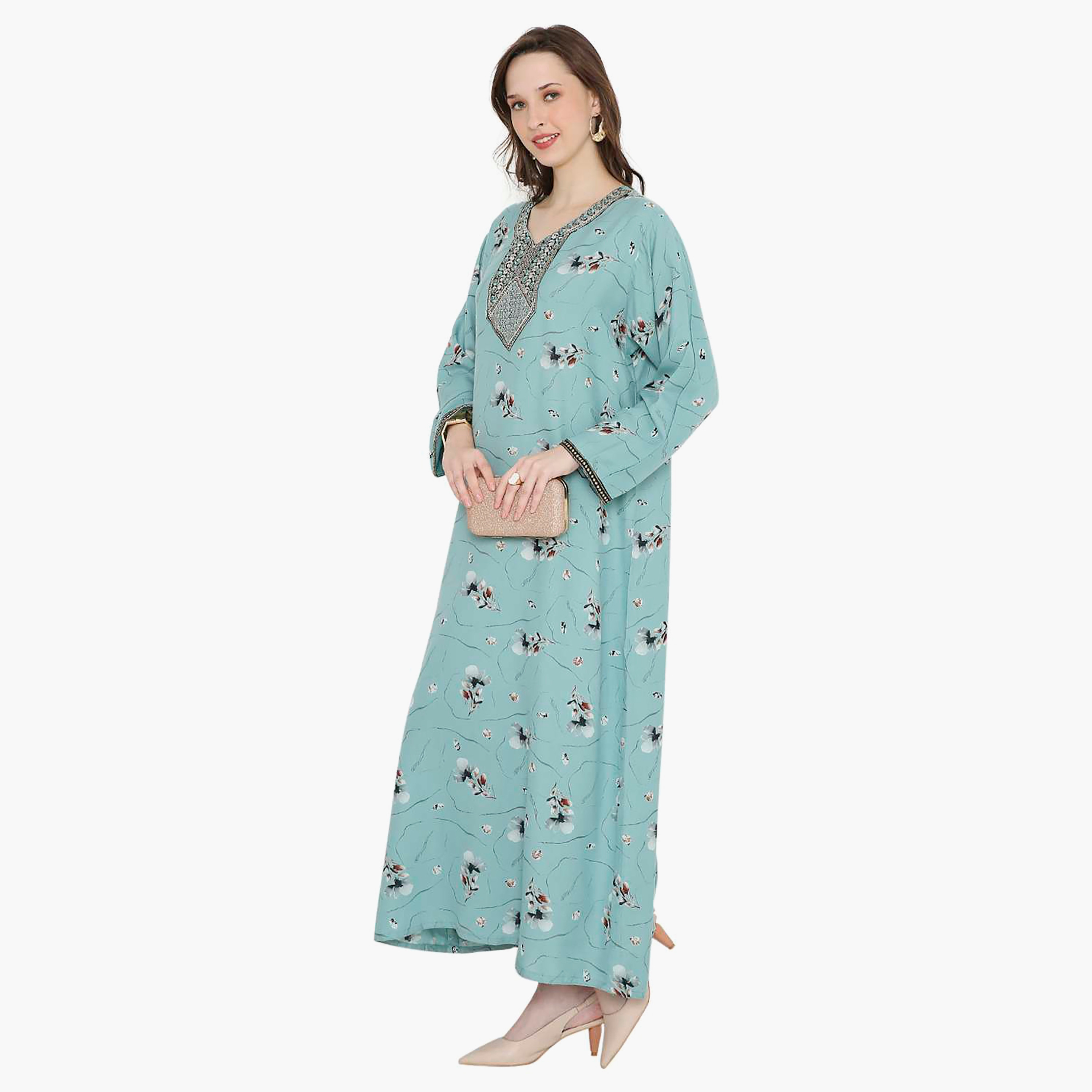 Hana & Sara Floral Embroidered Knot Neck Detail Women's Jalabiya-women-arabicclothing-jalabiyas-image-3