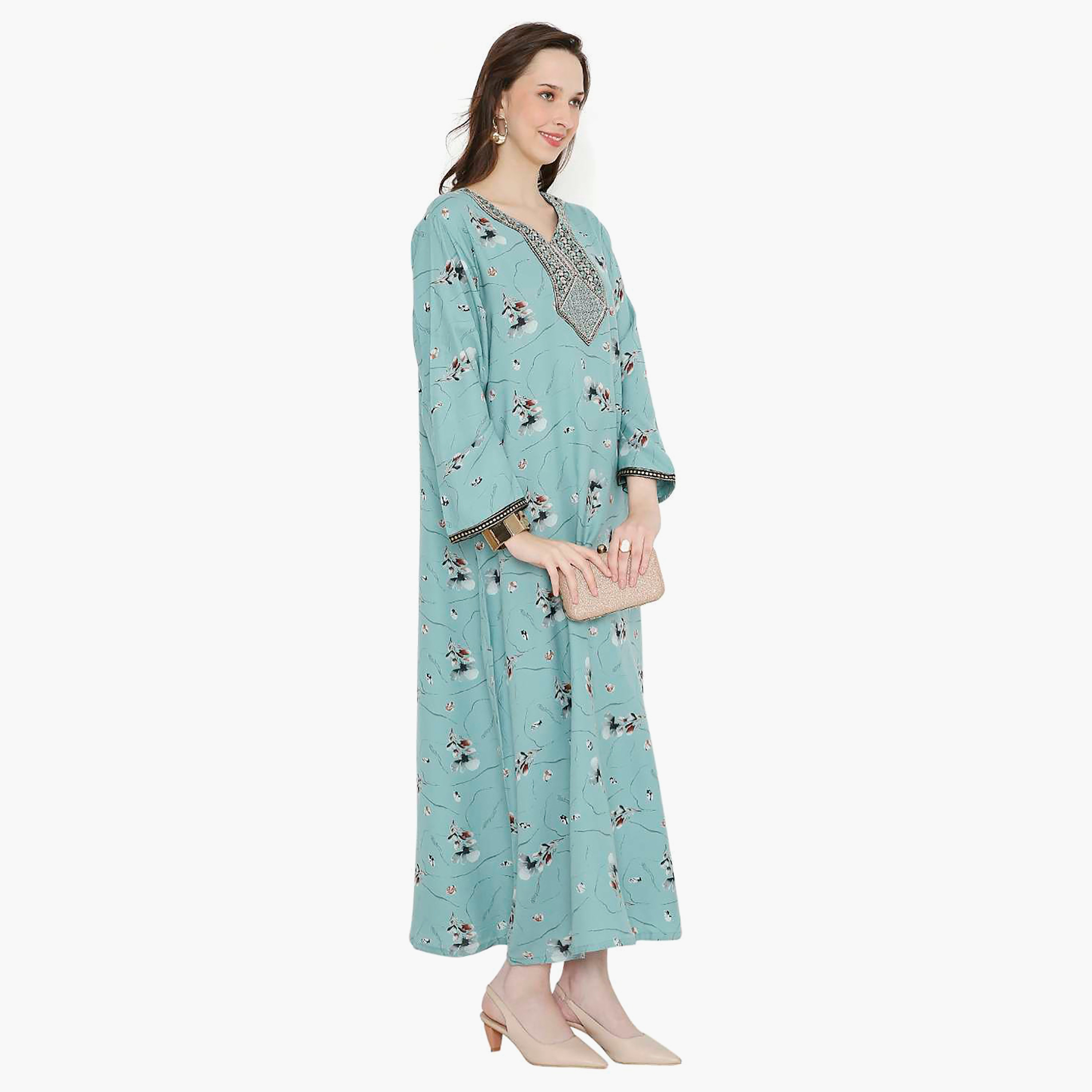 Hana & Sara Floral Embroidered Knot Neck Detail Women's Jalabiya-women-arabicclothing-jalabiyas-image-4